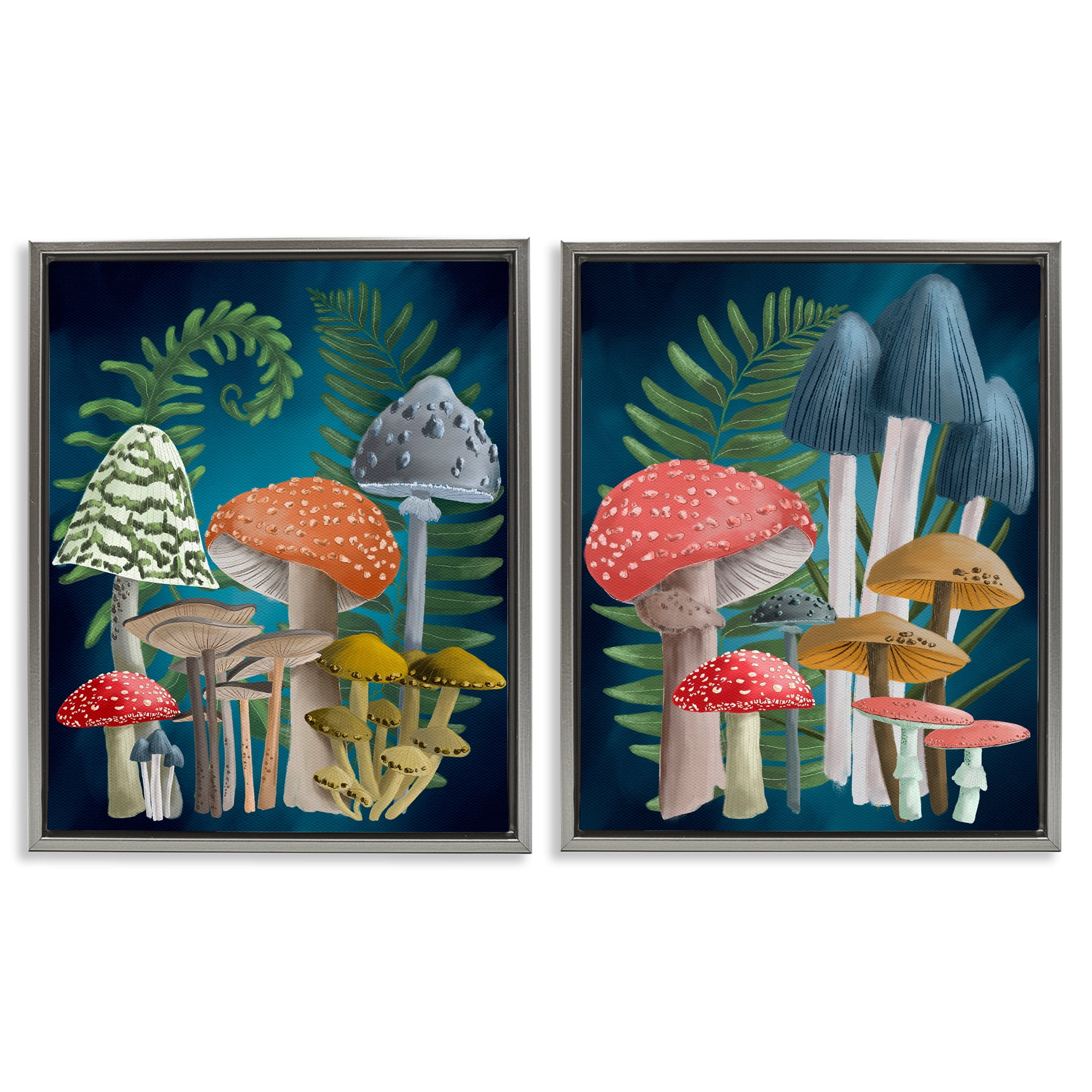 Stupell Industries Mushroom Varieties Forest Ferns Plants & Flowers Painting Gray Floater Framed Canvas Art Print Wall Art, 17 x 21, Set of 2