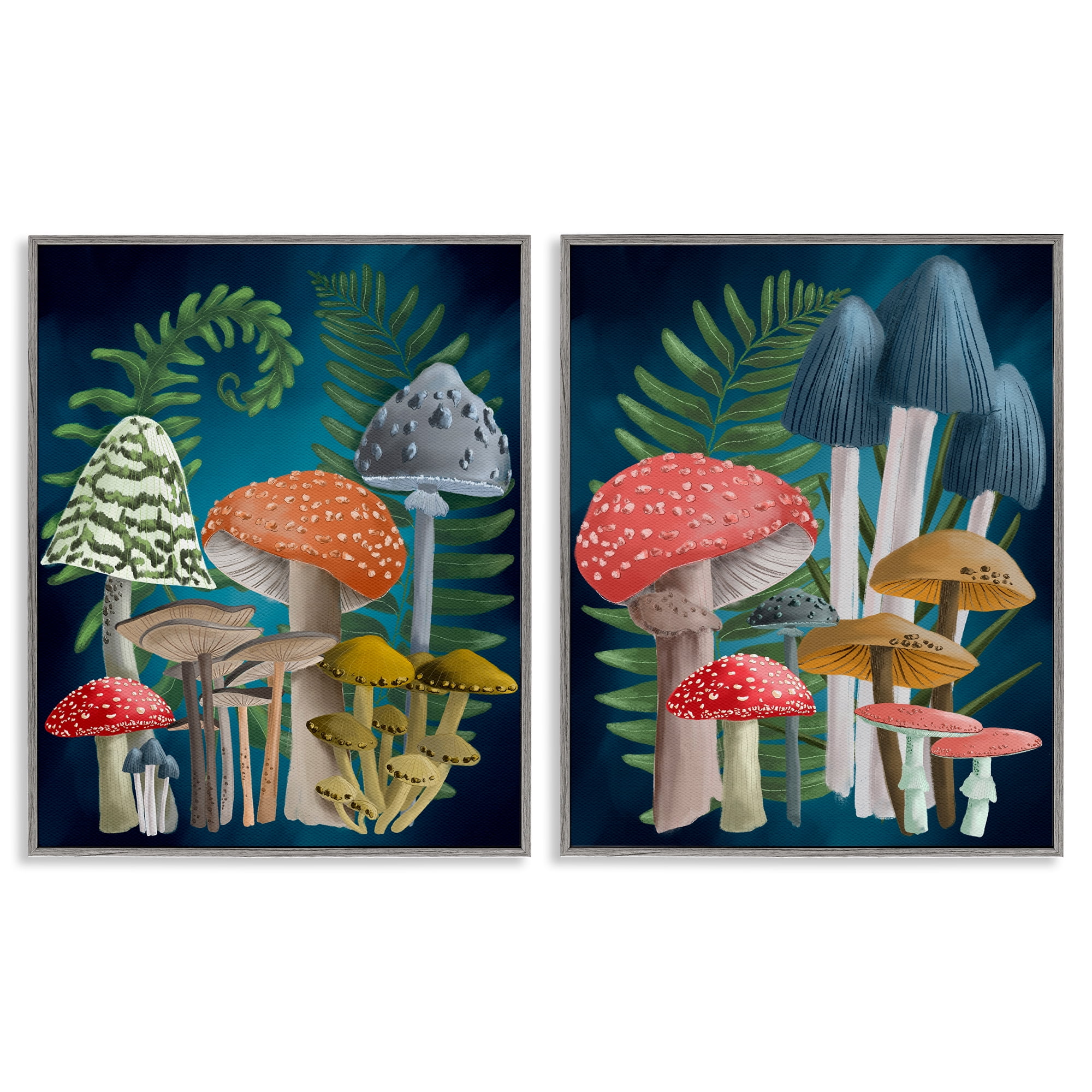 Stupell Industries Mushroom Varieties Forest Ferns Plants & Flowers Painting Gray Framed Art Print Wall Art, 16 x 20, Set of 2