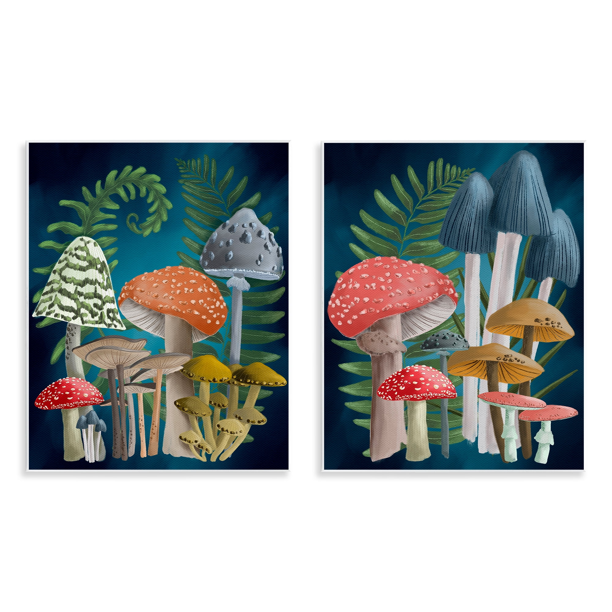 Stupell Industries Mushroom Varieties Forest Ferns Plants & Flowers Painting Unframed Art Print Wall Art, 11 x 14, Set of 2