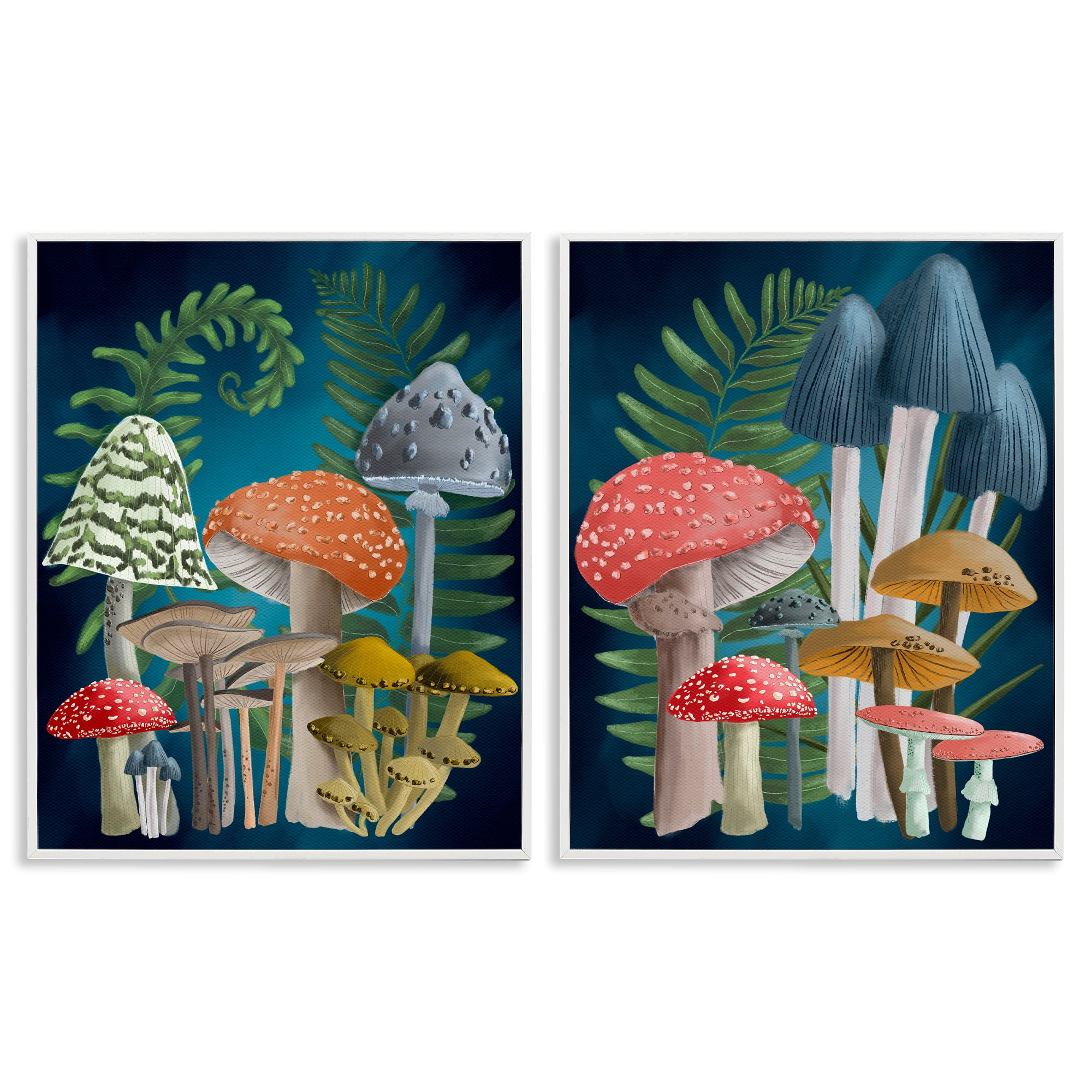 Stupell Industries Mushroom Varieties Forest Ferns Plants & Flowers Painting White Framed Art Print Wall Art, 16 x 20, Set of 2