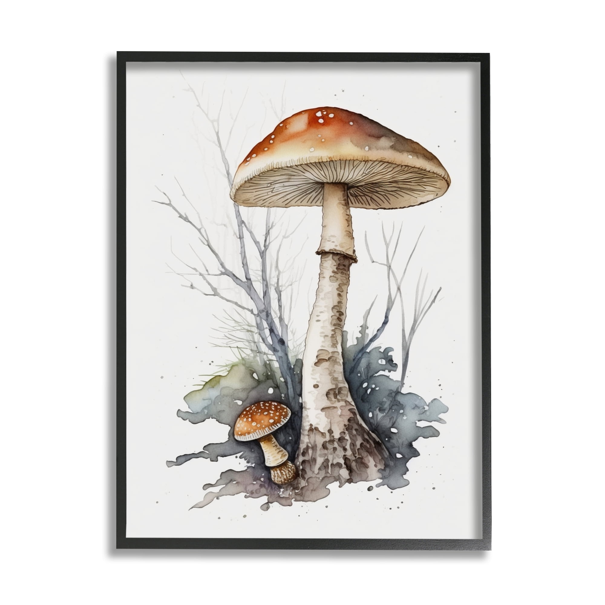 Stupell Industries Mushroom Watercolor Splash Botanical & Floral Painting Black Framed Art Print Wall Art, 16 x 20