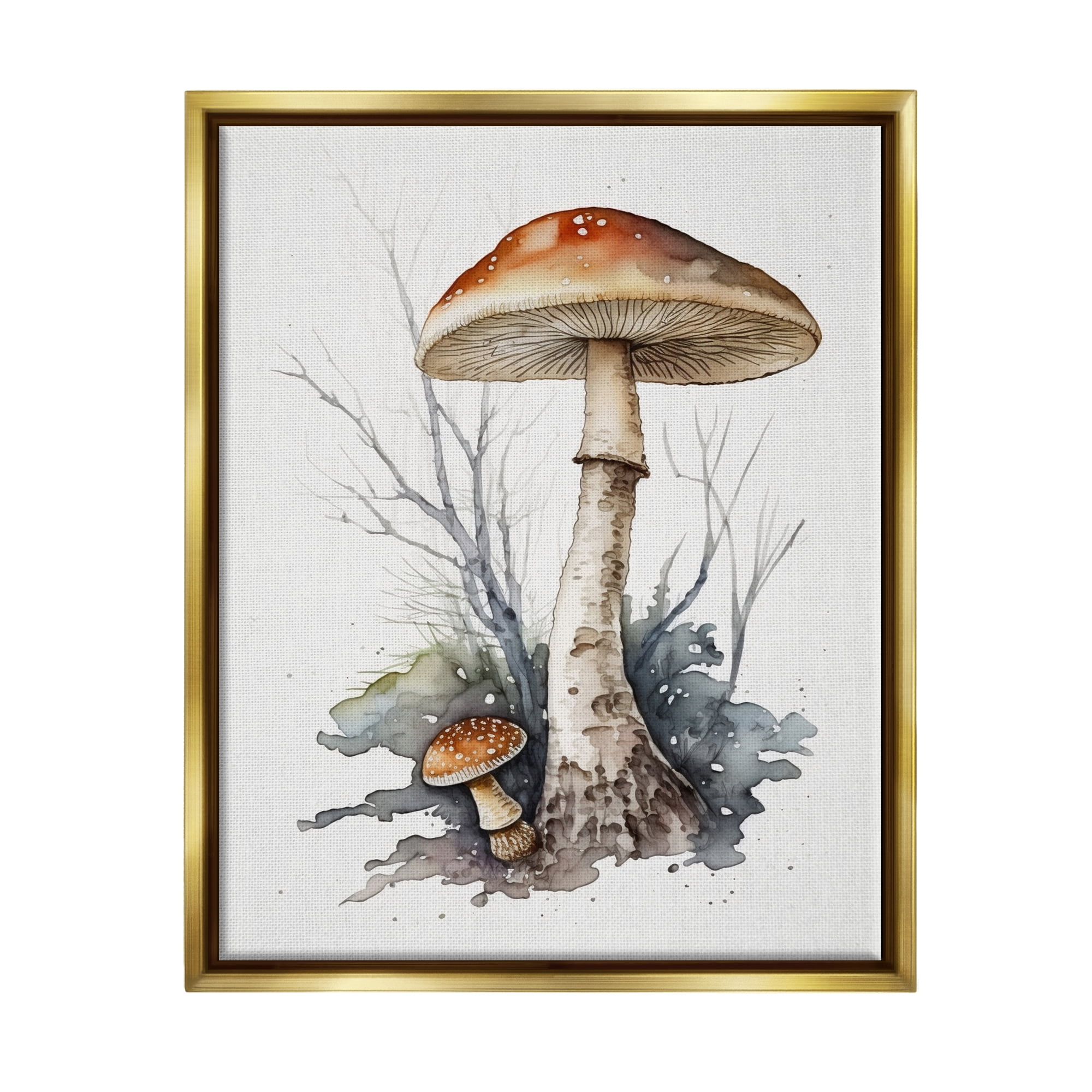 Stupell Industries Mushroom Watercolor Splash Botanical & Floral Painting Gold Floater Framed Canvas Art Print Wall Art, 17 x 21