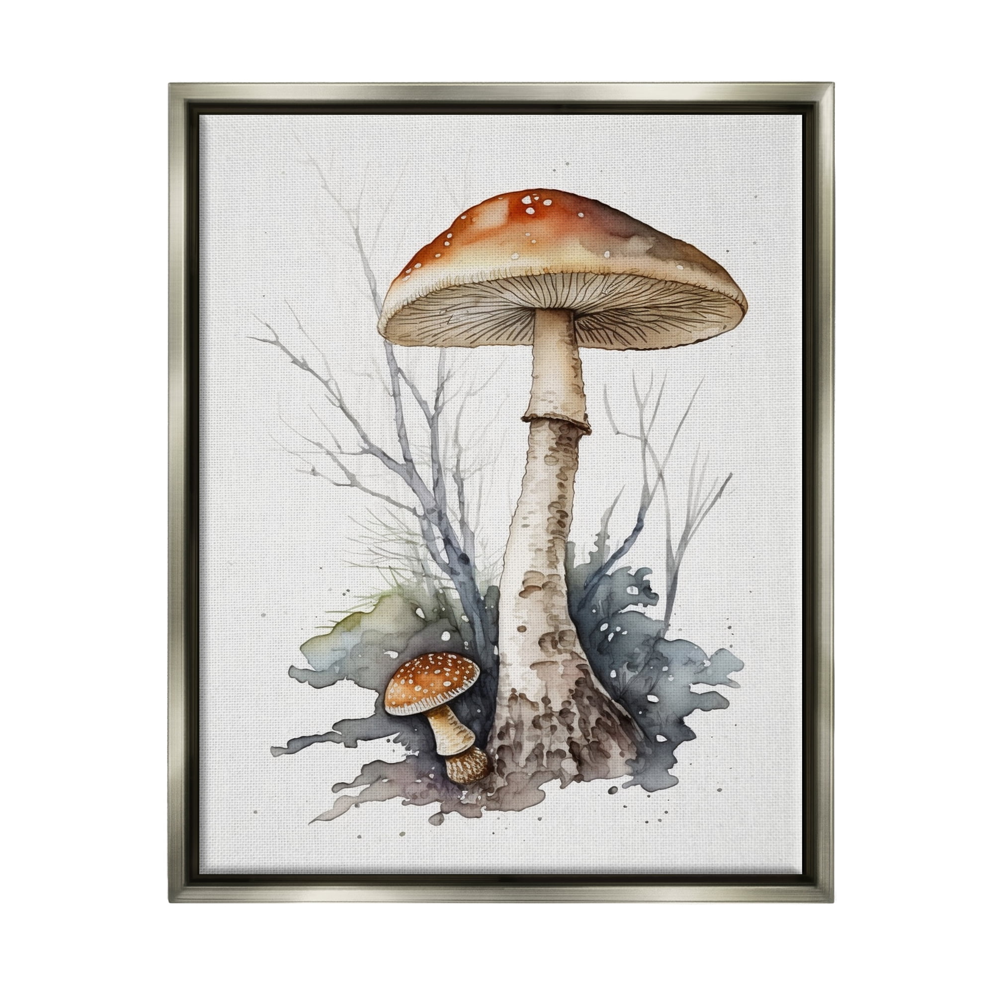 Stupell Industries Mushroom Watercolor Splash Botanical & Floral Painting Gray Floater Framed Canvas Art Print Wall Art, 17 x 21