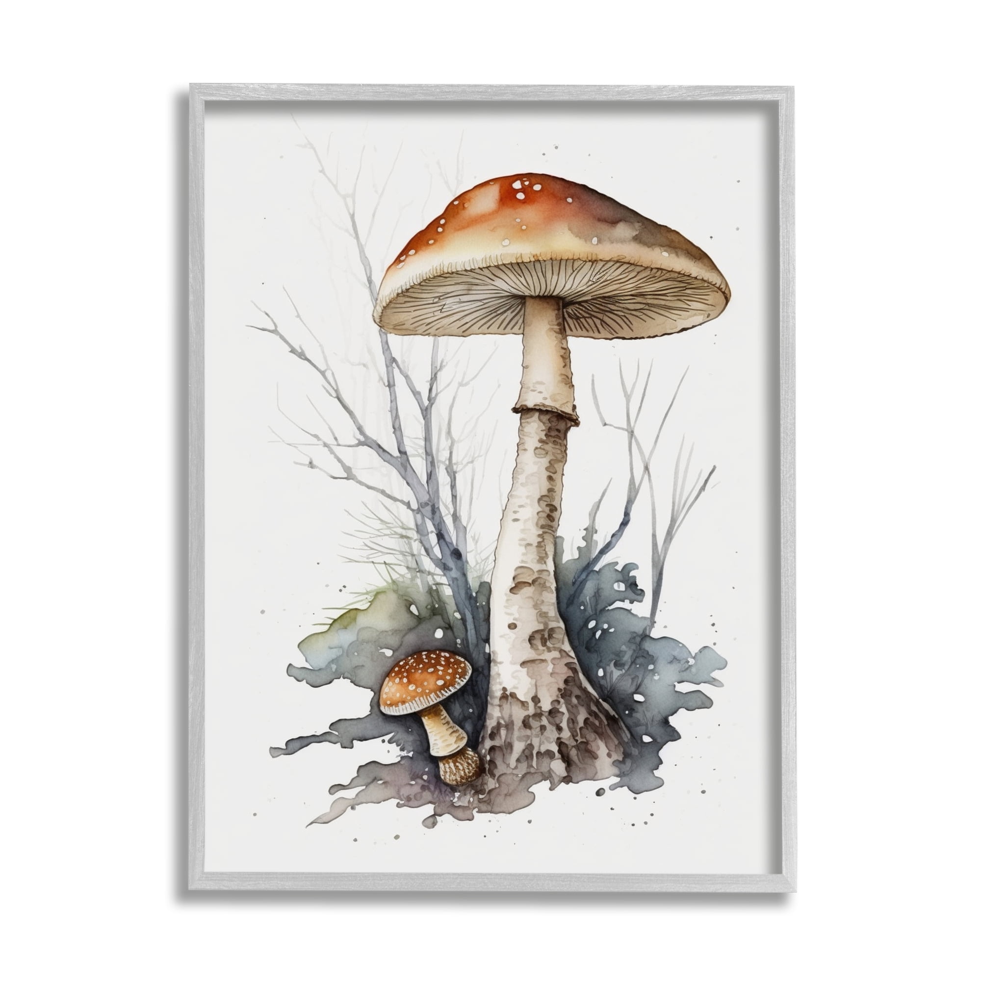 Stupell Industries Mushroom Watercolor Splash Botanical & Floral Painting Gray Framed Art Print Wall Art, 16 x 20