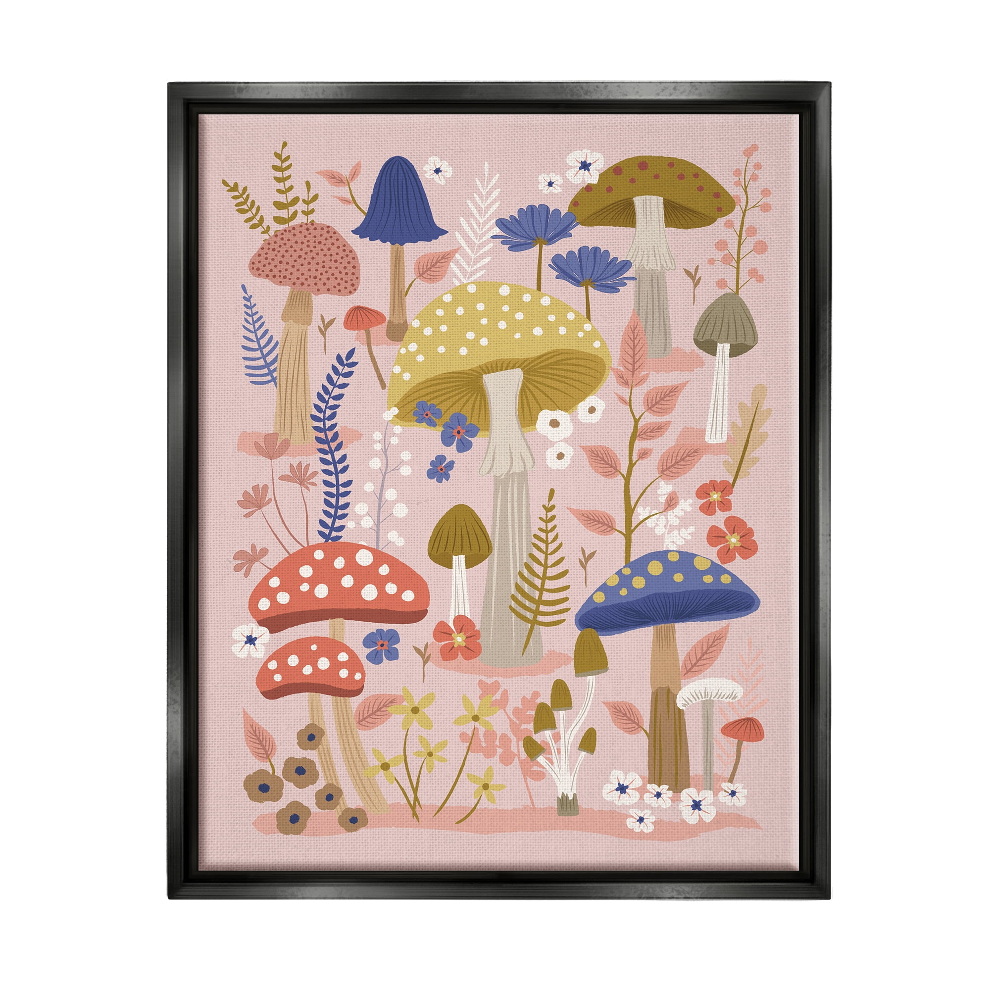 Stupell Industries Mushrooms & Botanical Pattern Botanical & Floral Painting Black Floater Framed Canvas Art Print Wall Art, 25 x 31