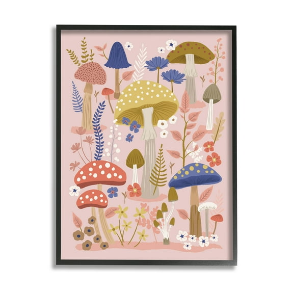 Stupell Industries Mushrooms & Botanical Pattern Botanical & Floral Painting Black Framed Art Print Wall Art, 16 x 20