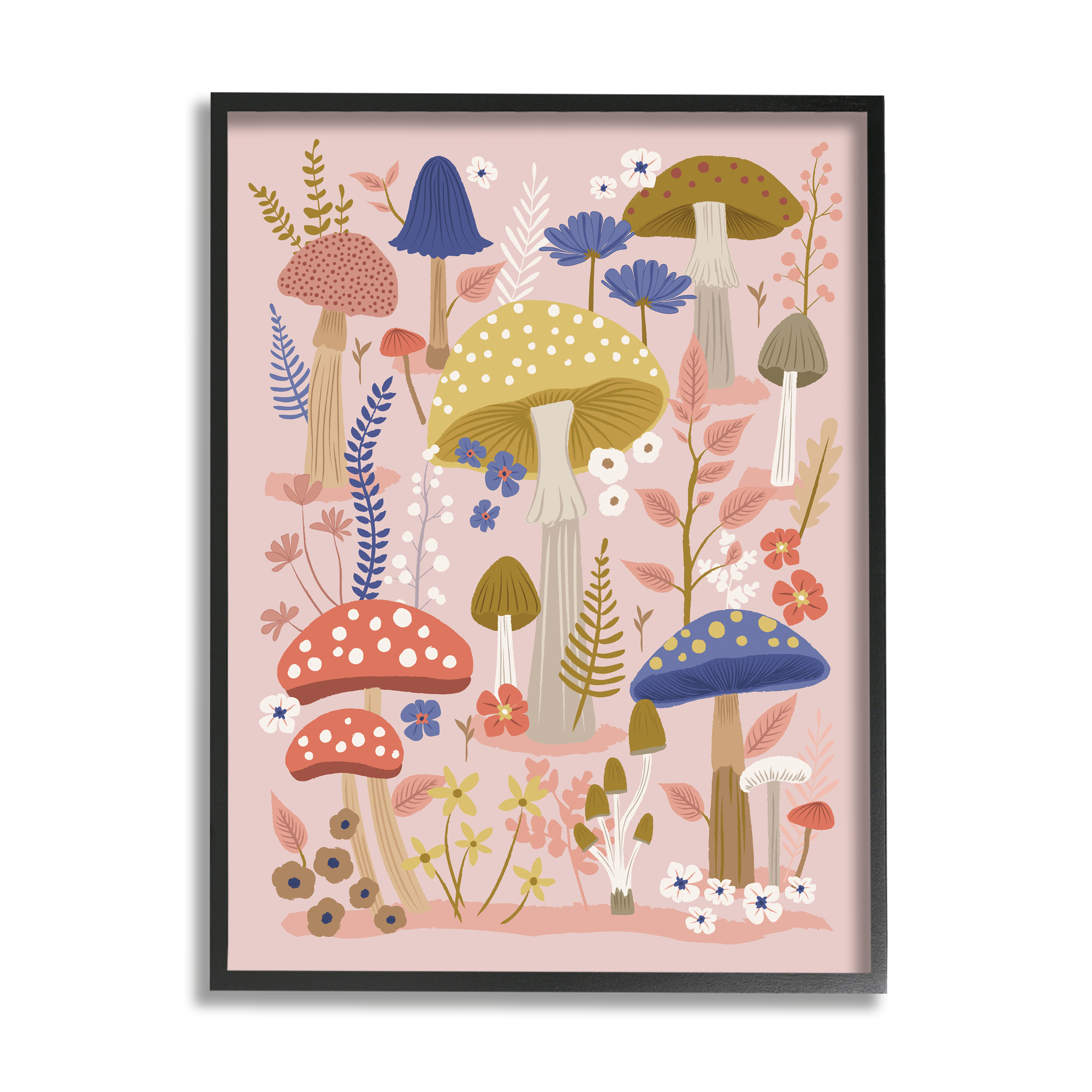 Stupell Industries Mushrooms & Botanical Pattern Botanical & Floral Painting Black Framed Art Print Wall Art, 24 x 30