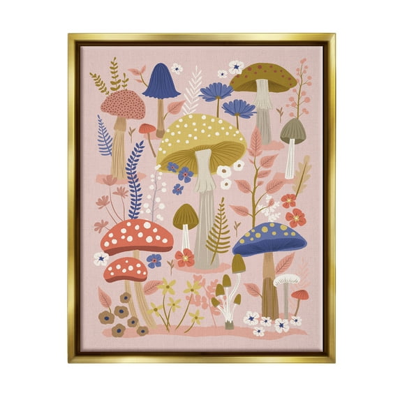 Stupell Industries Mushrooms & Botanical Pattern Botanical & Floral Painting Gold Floater Framed Canvas Art Print Wall Art, 25 x 31