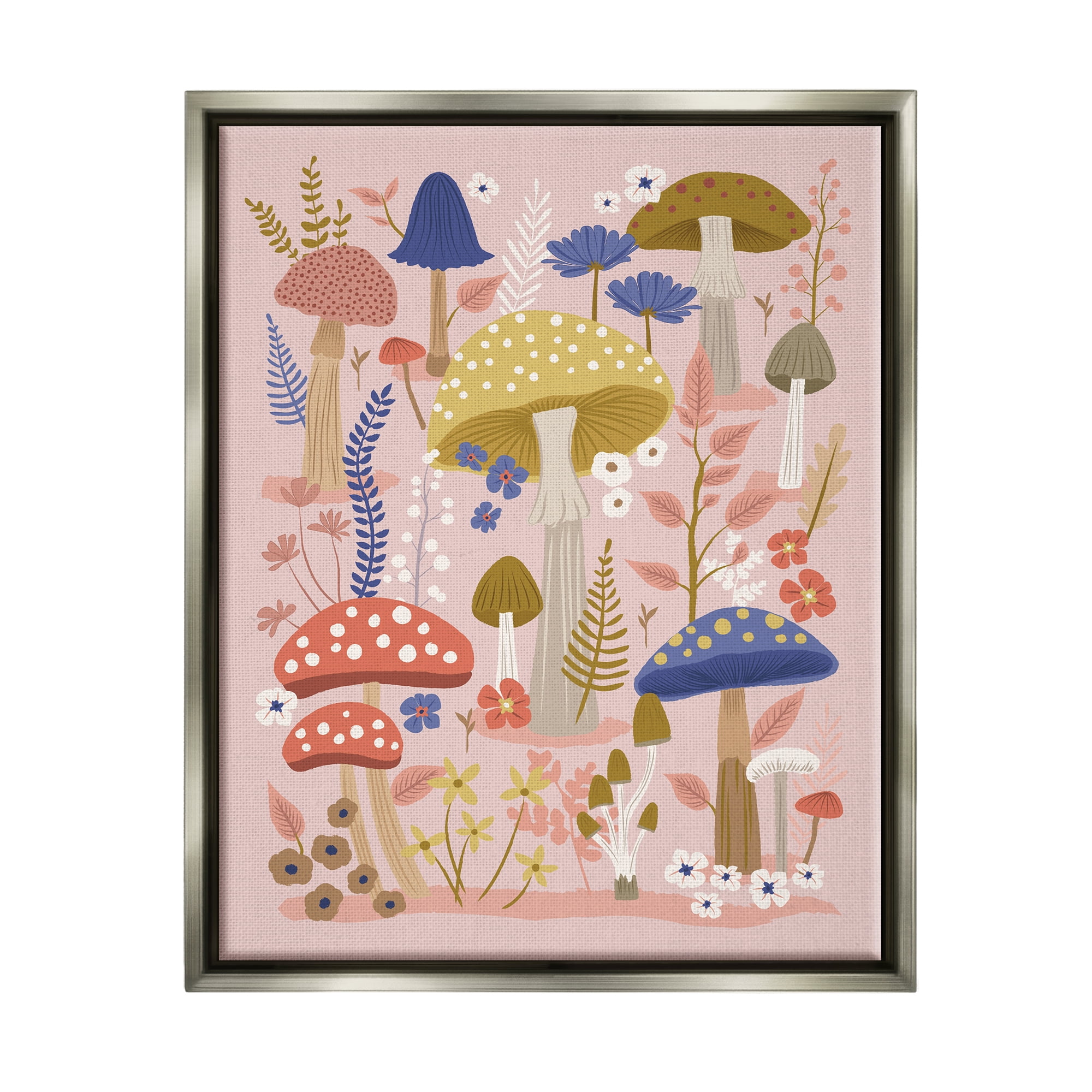 Stupell Industries Mushrooms & Botanical Pattern Botanical & Floral Painting Gray Floater Framed Canvas Art Print Wall Art, 25 x 31