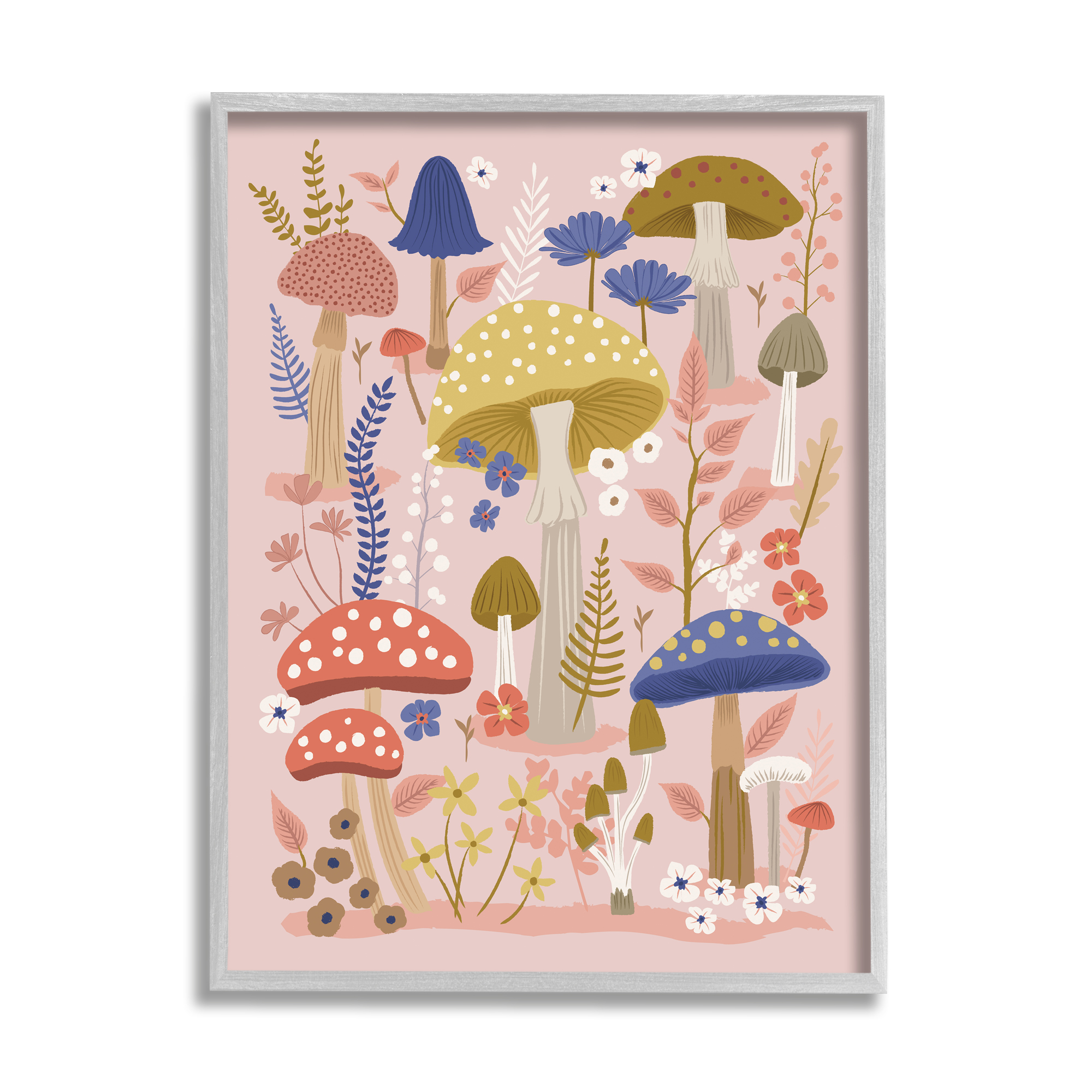 Stupell Industries Mushrooms & Botanical Pattern Botanical & Floral Painting Gray Framed Art Print Wall Art, 11 x 14