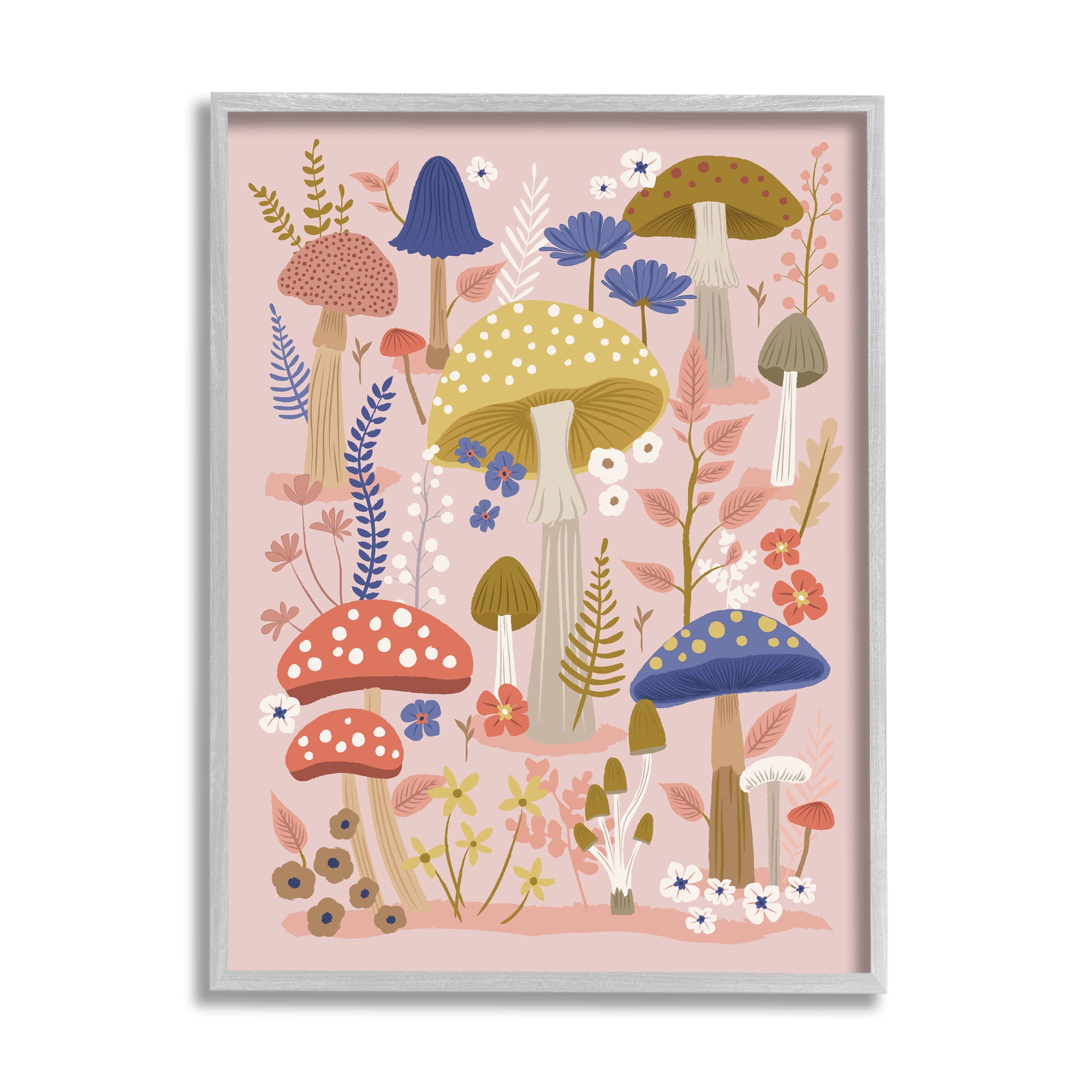 Stupell Industries Mushrooms & Botanical Pattern Botanical & Floral Painting Gray Framed Art Print Wall Art, 16 x 20