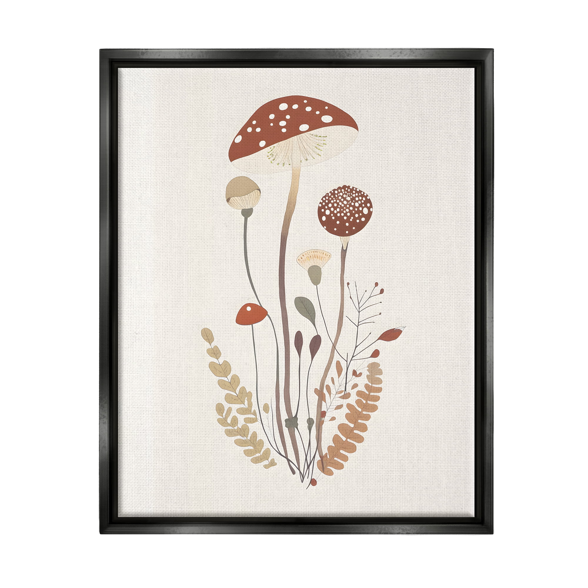 Stupell Industries Mushrooms & Fern Sprigs Botanical & Floral Painting Black Floater Framed Canvas Art Print Wall Art, 25 x 31