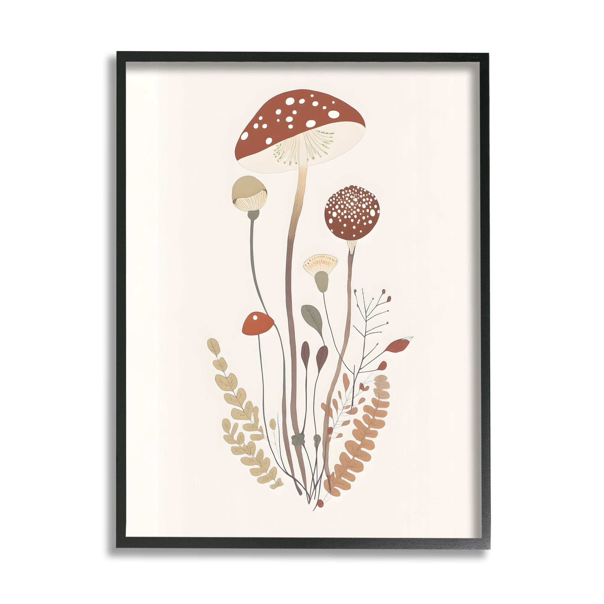 Stupell Industries Mushrooms & Fern Sprigs Botanical & Floral Painting Black Framed Art Print Wall Art, 16 x 20