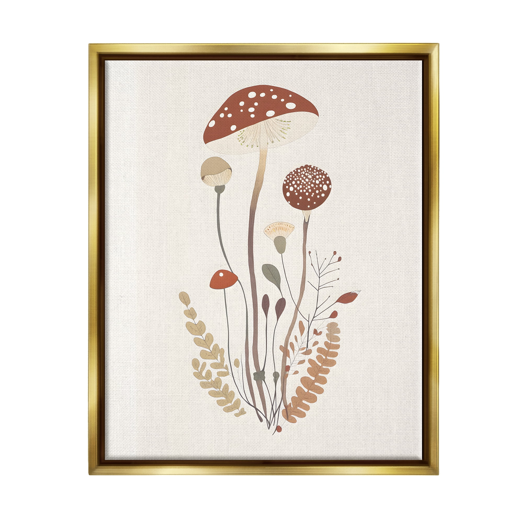 Stupell Industries Mushrooms & Fern Sprigs Botanical & Floral Painting Gold Floater Framed Canvas Art Print Wall Art, 25 x 31