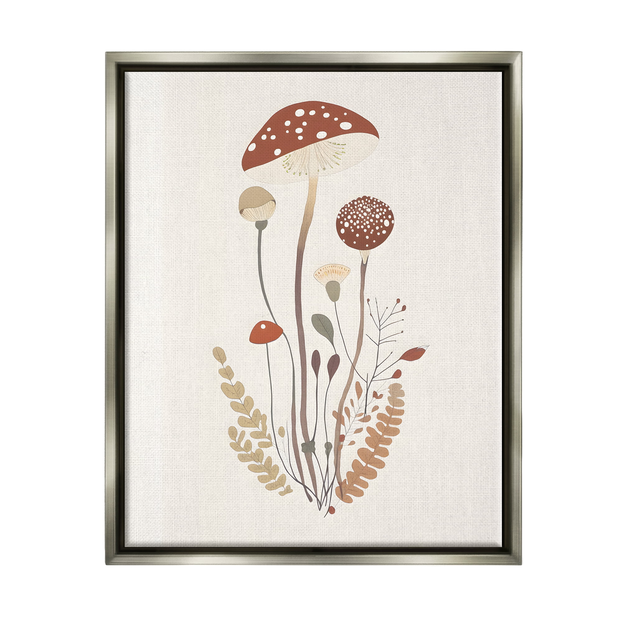 Stupell Industries Mushrooms & Fern Sprigs Botanical & Floral Painting Gray Floater Framed Canvas Art Print Wall Art, 17 x 21