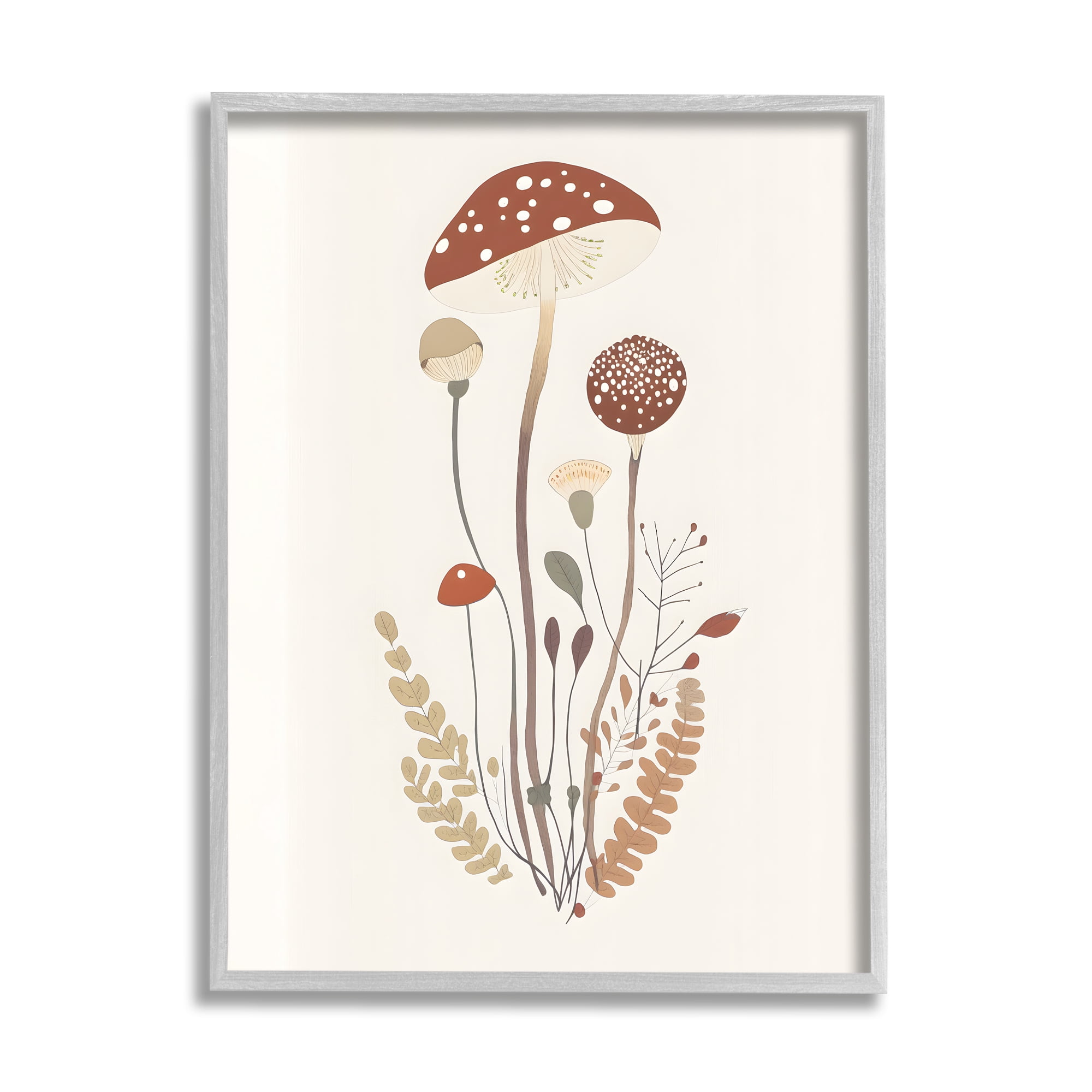 Stupell Industries Mushrooms & Fern Sprigs Botanical & Floral Painting Gray Framed Art Print Wall Art, 11 x 14