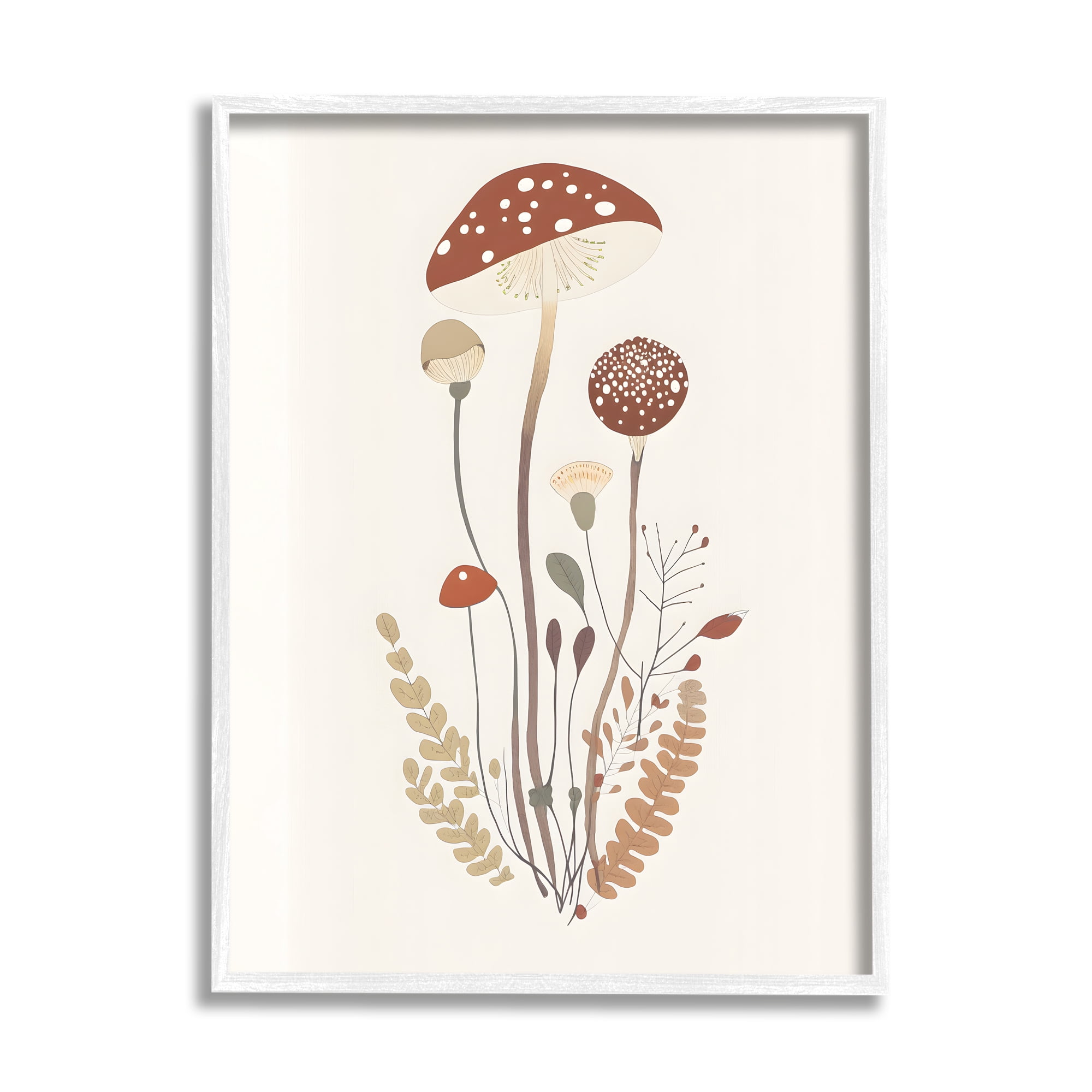 Stupell Industries Mushrooms & Fern Sprigs Botanical & Floral Painting White Framed Art Print Wall Art, 11 x 14