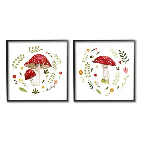 Stupell Industries Mushrooms & Flower Sprouts Botanical & Floral Painting Black Framed Art Print Wall Art, 12 x 12, Set of 2