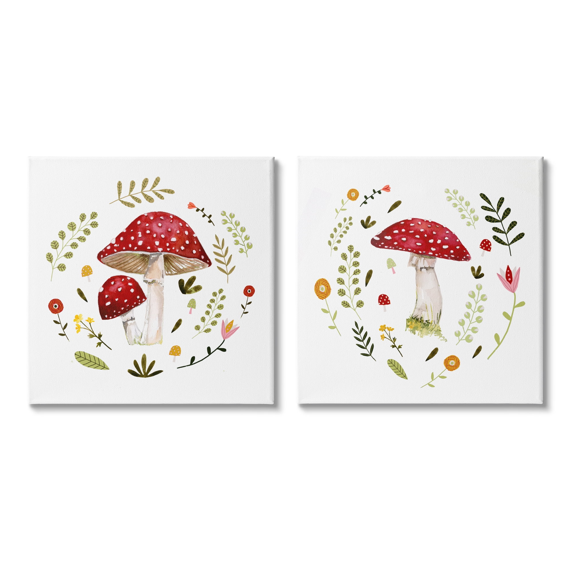 Stupell Industries Mushrooms & Flower Sprouts Botanical & Floral Painting Gallery Wrapped Canvas Print Wall Art, 17 x 17, Set of 2