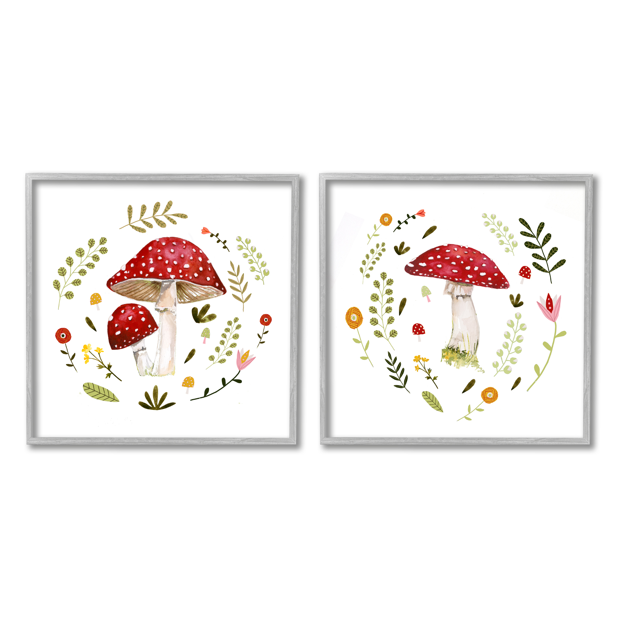 Stupell Industries Mushrooms & Flower Sprouts Botanical & Floral Painting Gray Framed Art Print Wall Art, 17 x 17, Set of 2