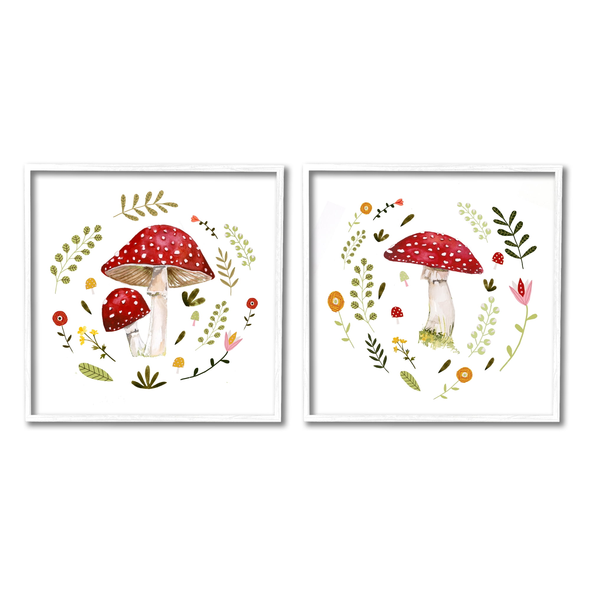 Stupell Industries Mushrooms & Flower Sprouts Botanical & Floral Painting White Framed Art Print Wall Art, 24 x 24, Set of 2