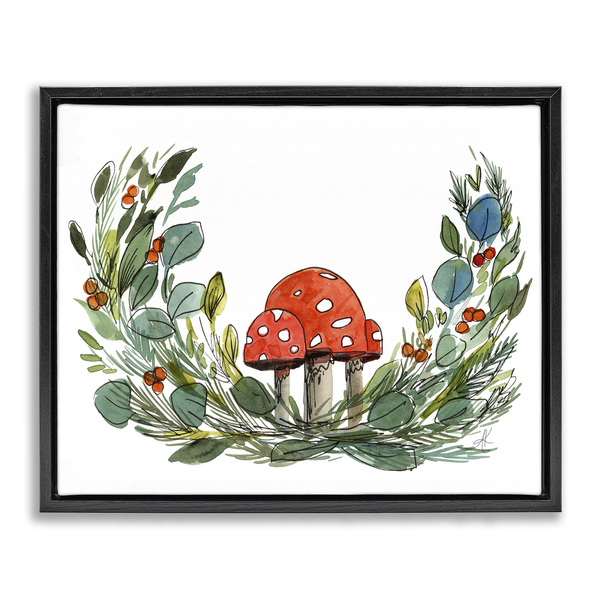 Stupell Industries Mushrooms & Greens Plants & Flowers Painting Black Floater Framed Canvas Art Print Wall Art, 21 x 17