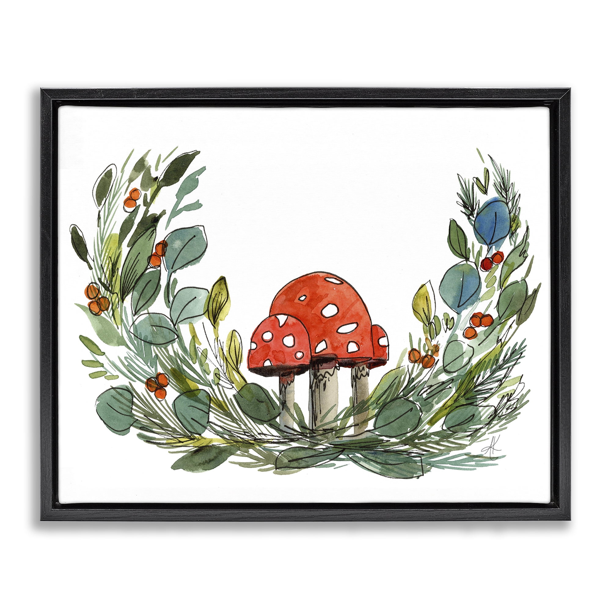 Stupell Industries Mushrooms & Greens Plants & Flowers Painting Black Floater Framed Canvas Art Print Wall Art, 31 x 25