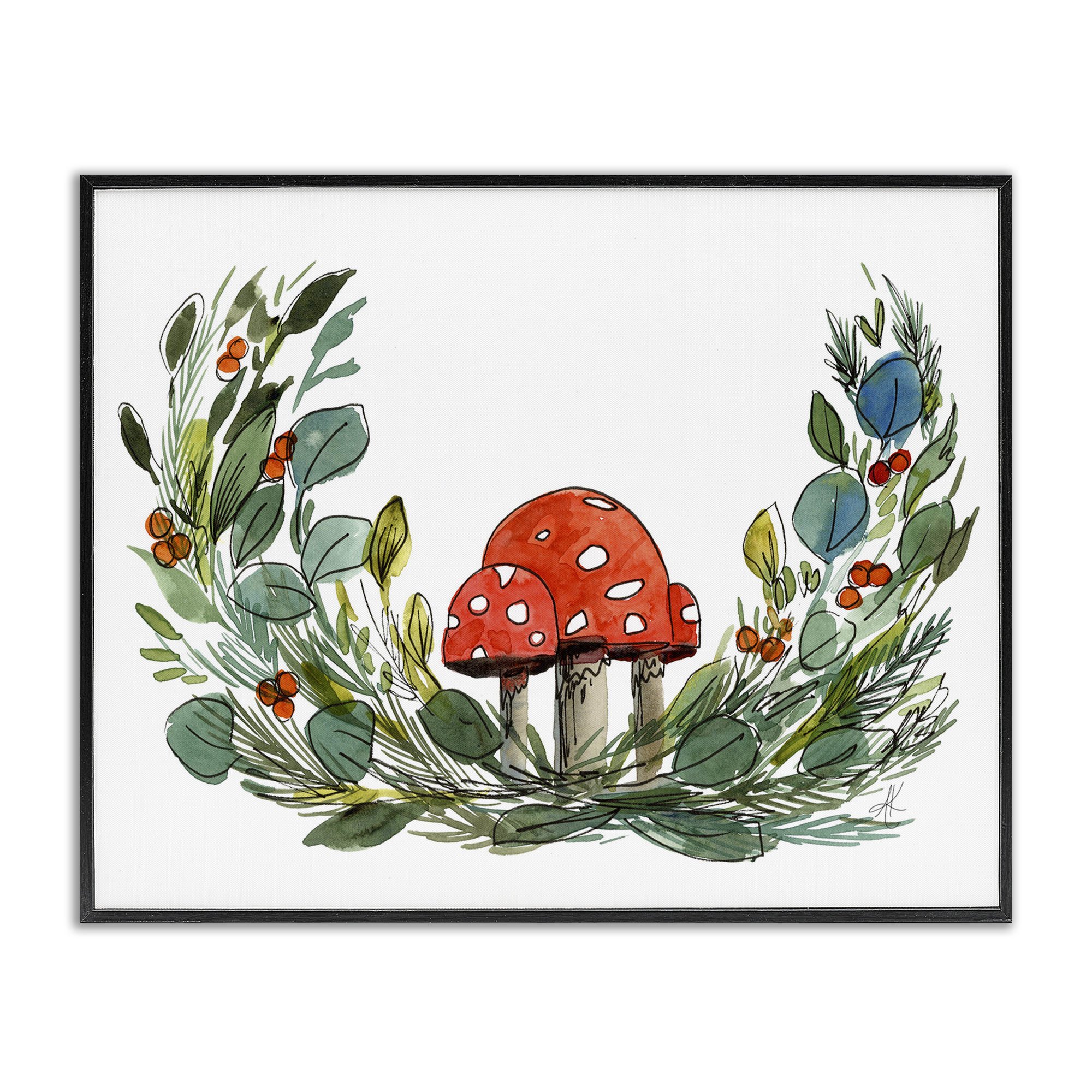 Stupell Industries Mushrooms & Greens Plants & Flowers Painting Black Framed Art Print Wall Art, 14 x 11