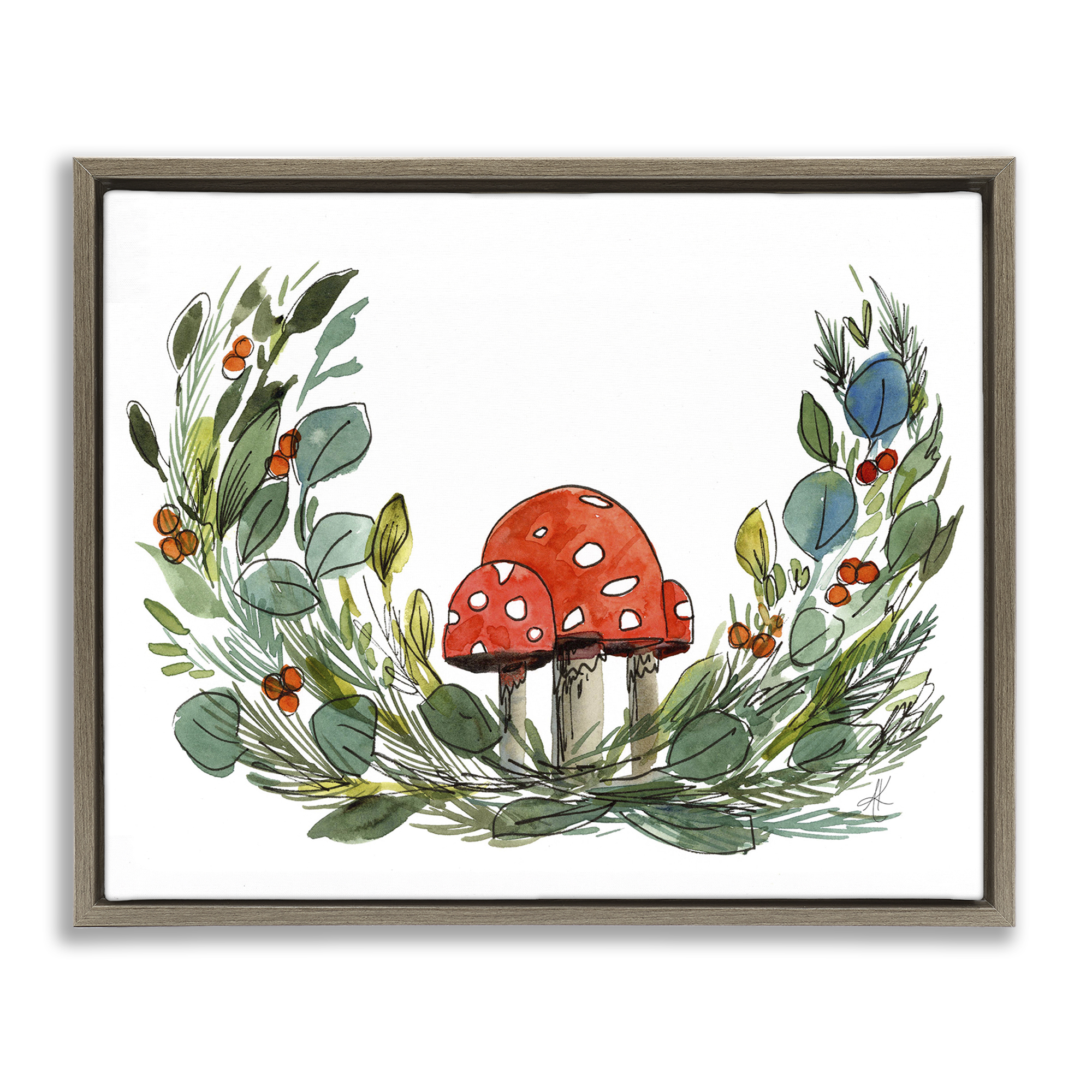 Stupell Industries Mushrooms & Greens Plants & Flowers Painting Brown Floater Framed Canvas Art Print Wall Art, 21 x 17