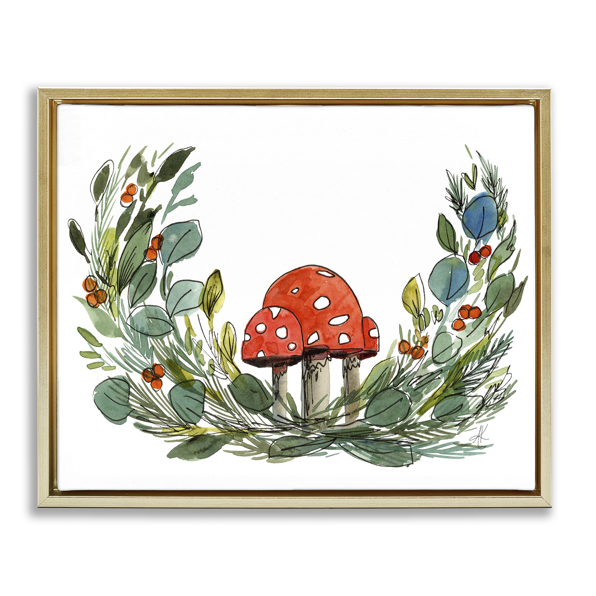 Stupell Industries Mushrooms & Greens Plants & Flowers Painting Gold Floater Framed Canvas Art Print Wall Art, 21 x 17