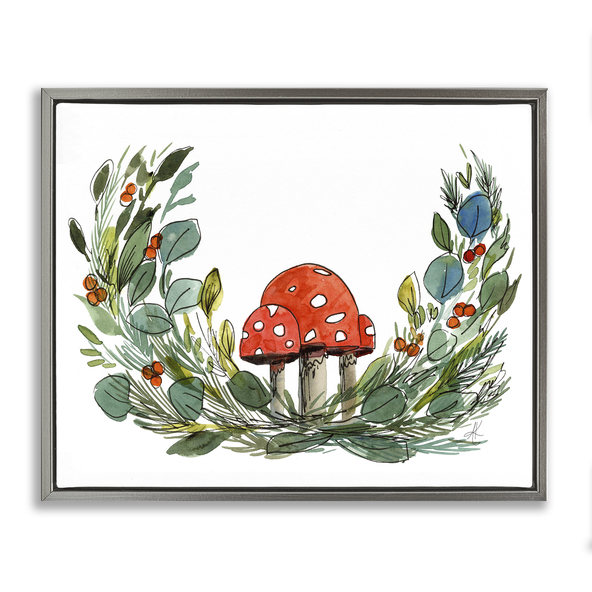 Stupell Industries Mushrooms & Greens Plants & Flowers Painting Gray Floater Framed Canvas Art Print Wall Art, 31 x 25