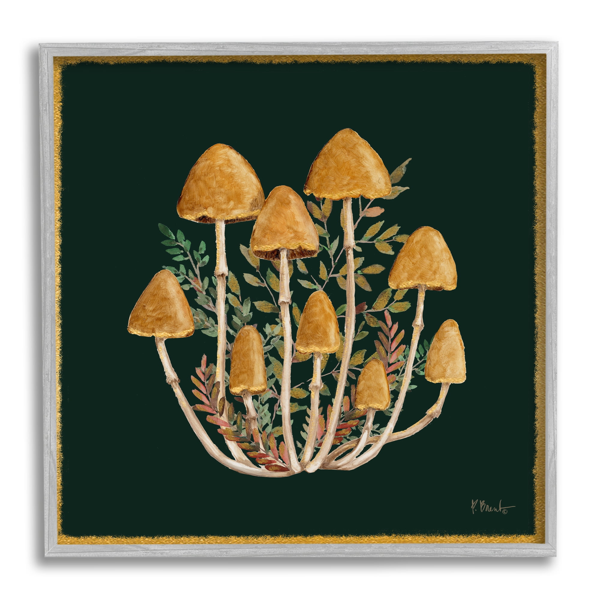Stupell Industries Mushrooms & Leaves Nature Botanical & Floral Painting Gray Framed Art Print Wall Art, 12 x 12