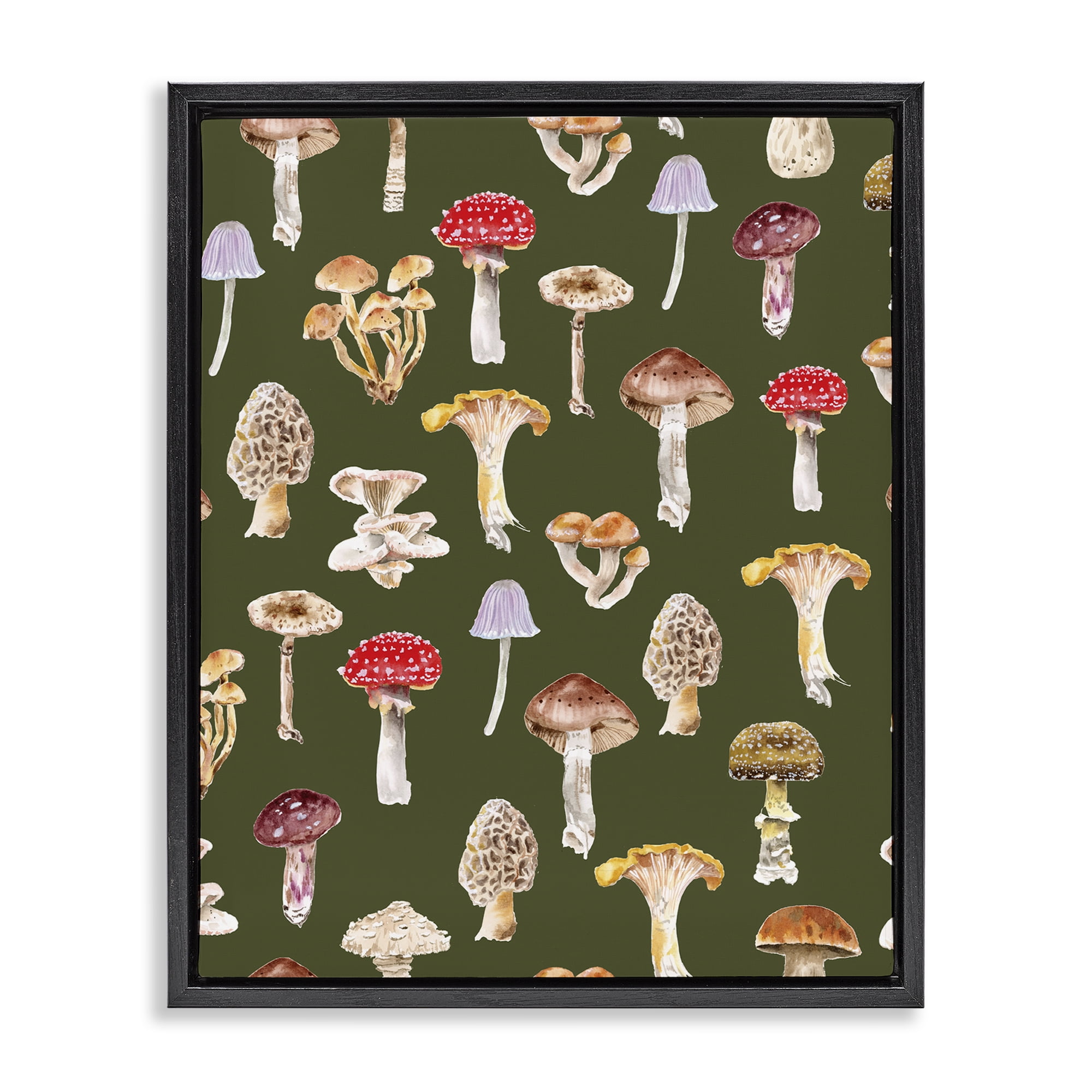 Stupell Industries Mushrooms Repeating Pattern Botanical & Floral Painting Black Floater Framed Art Print Wall Art, 25 x 31