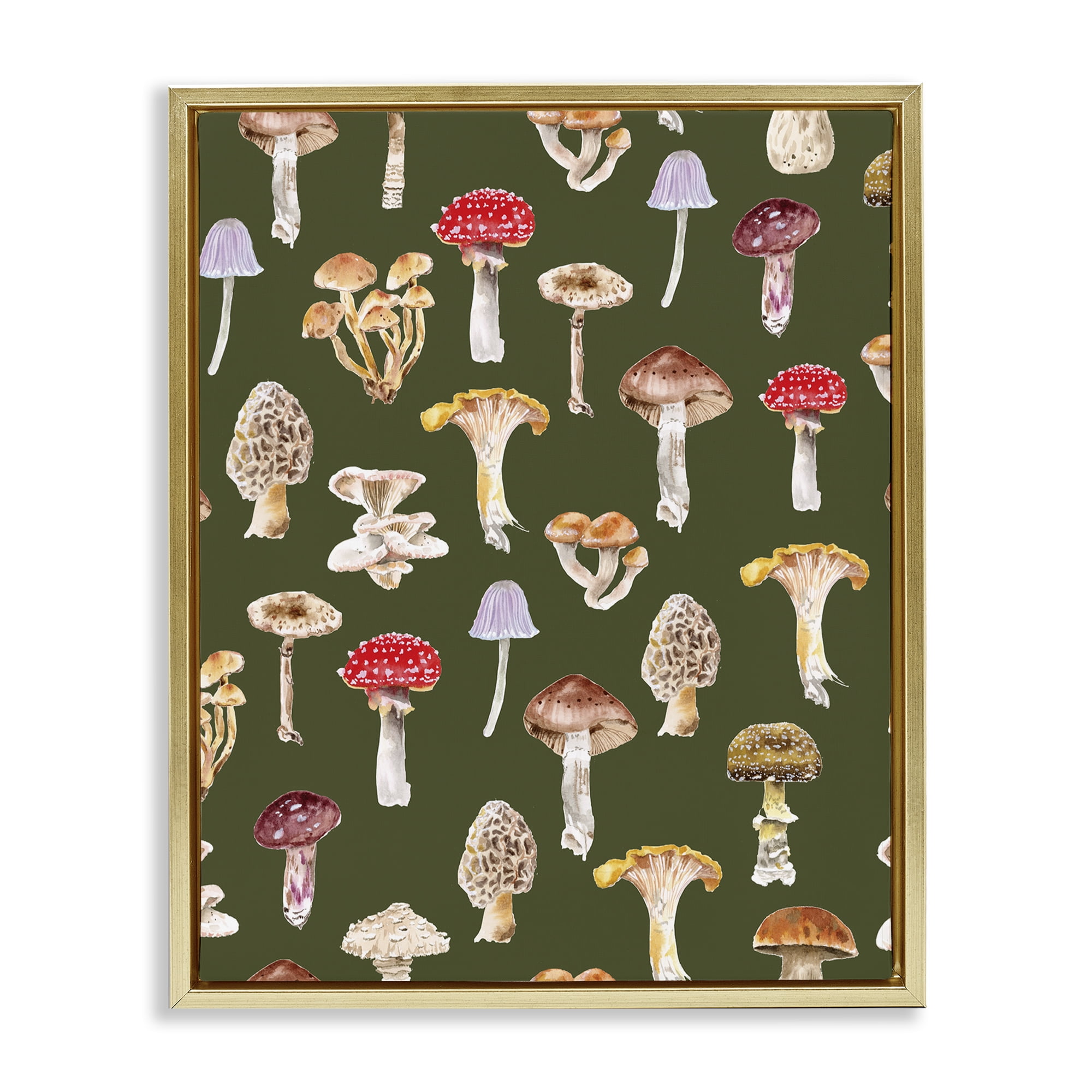 Stupell Industries Mushrooms Repeating Pattern Botanical & Floral Painting Gold Floater Framed Art Print Wall Art, 25 x 31