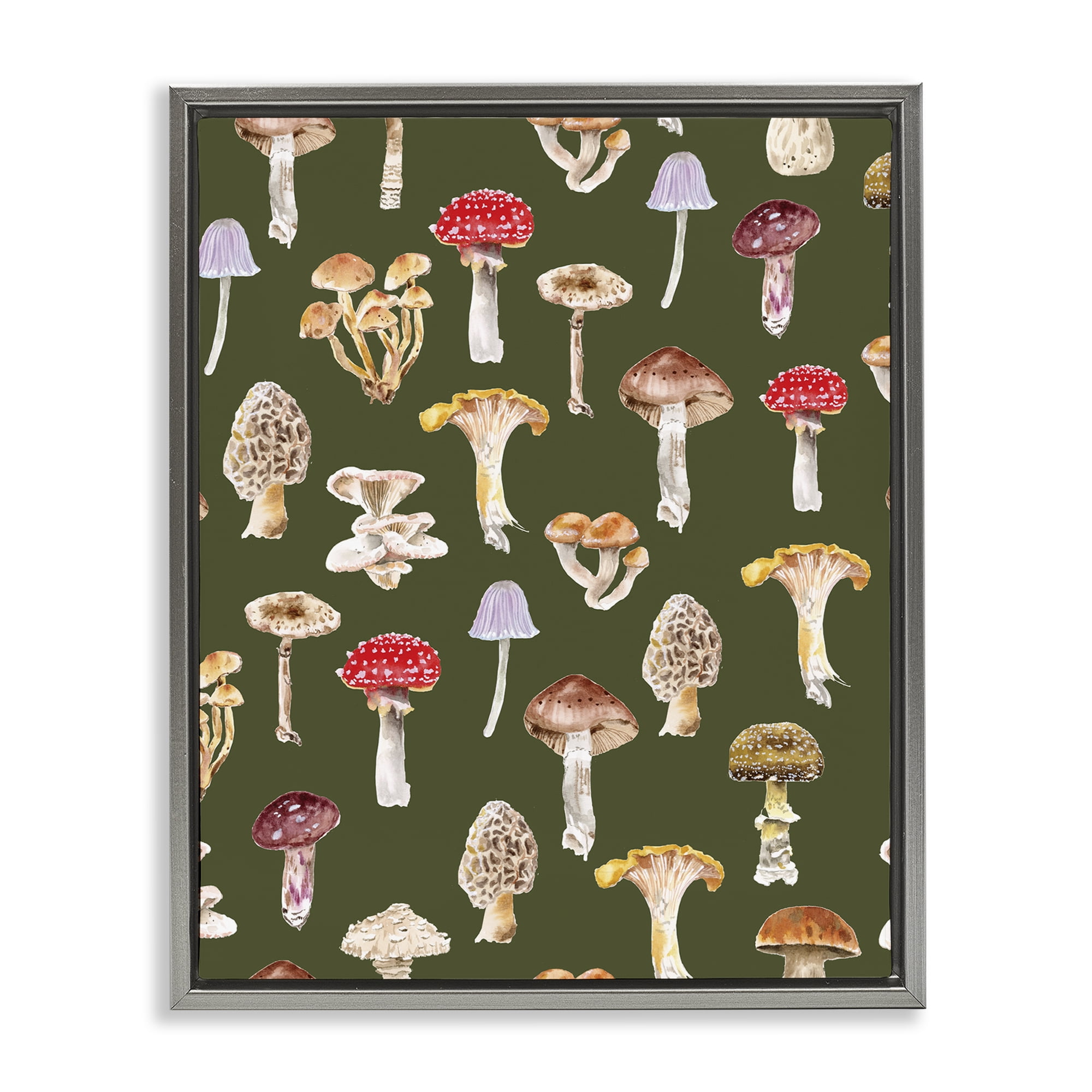Stupell Industries Mushrooms Repeating Pattern Botanical & Floral Painting Gray Floater Framed Art Print Wall Art, 17 x 21