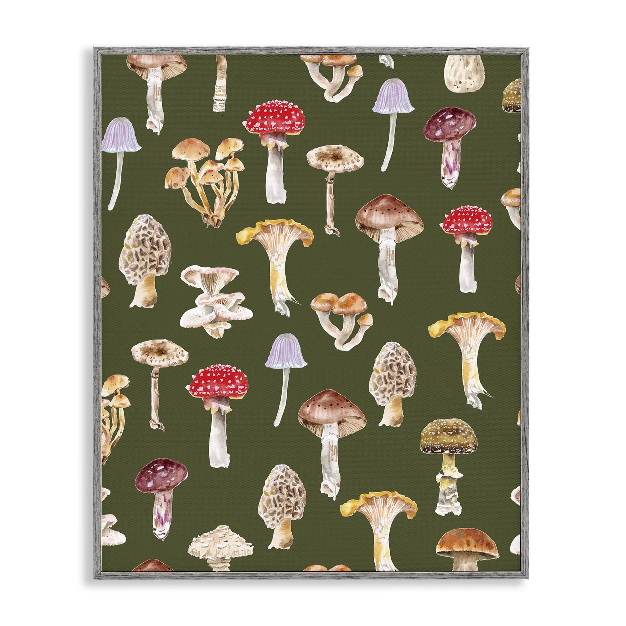 Stupell Industries Mushrooms Repeating Pattern Botanical & Floral Painting Gray Framed Art Print Wall Art, 24 x 30