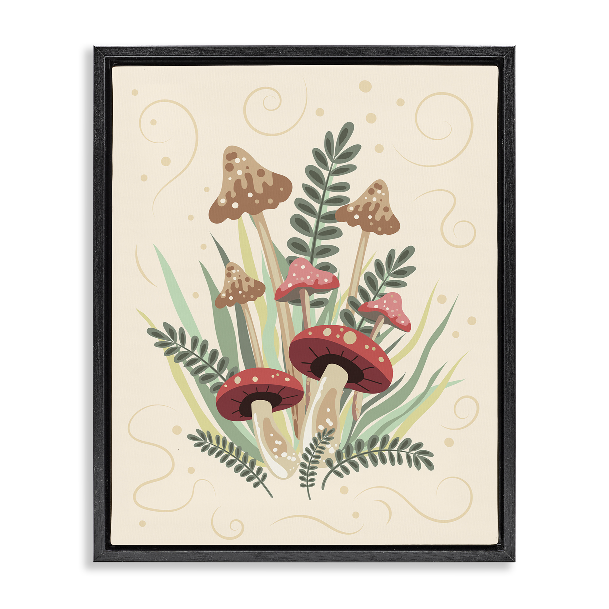 Stupell Industries Mushrooms & Swirl Pattern Botanical & Floral Painting Black Floater Framed Art Print Wall Art, 17 x 21