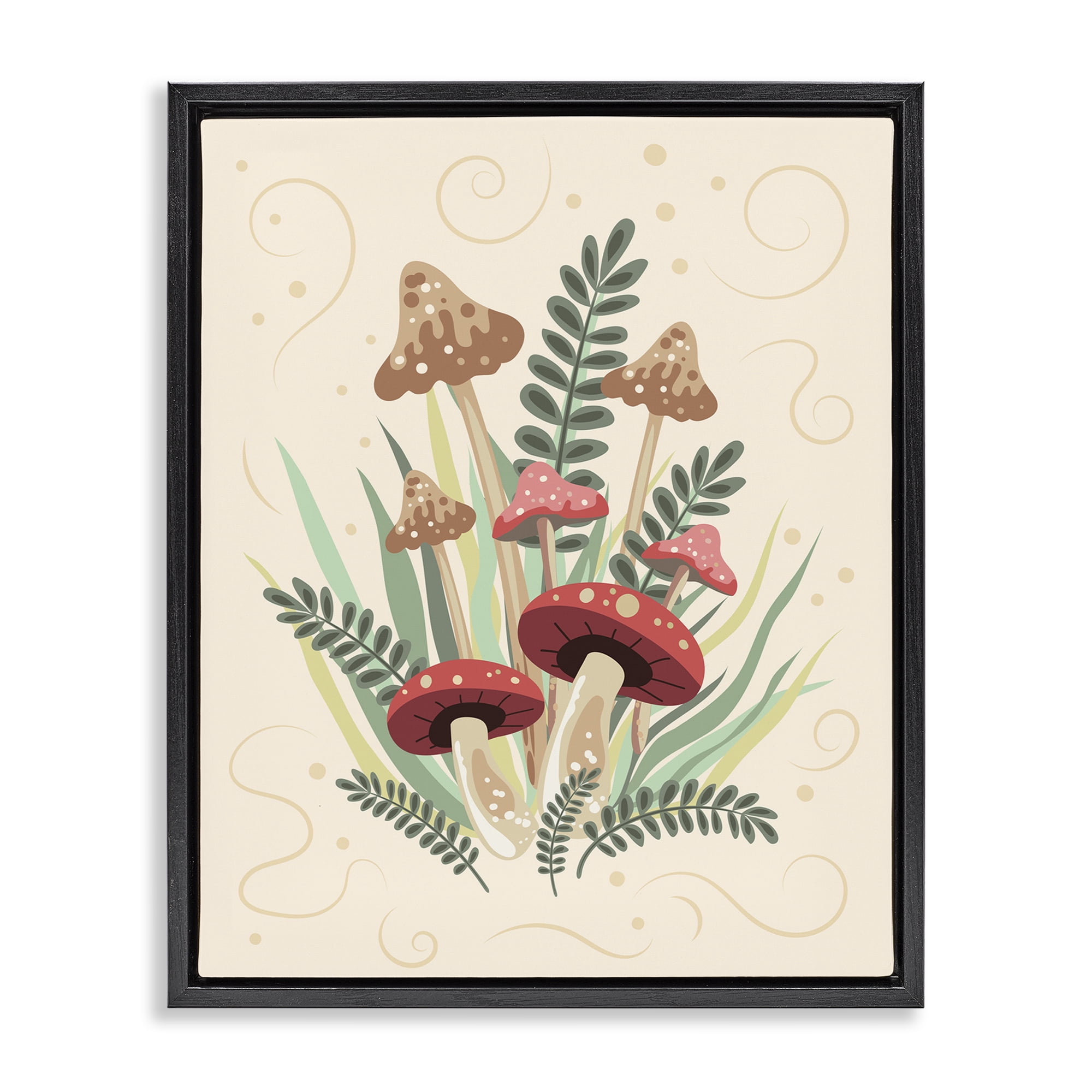 Stupell Industries Mushrooms & Swirl Pattern Botanical & Floral Painting Black Floater Framed Art Print Wall Art, 25 x 31