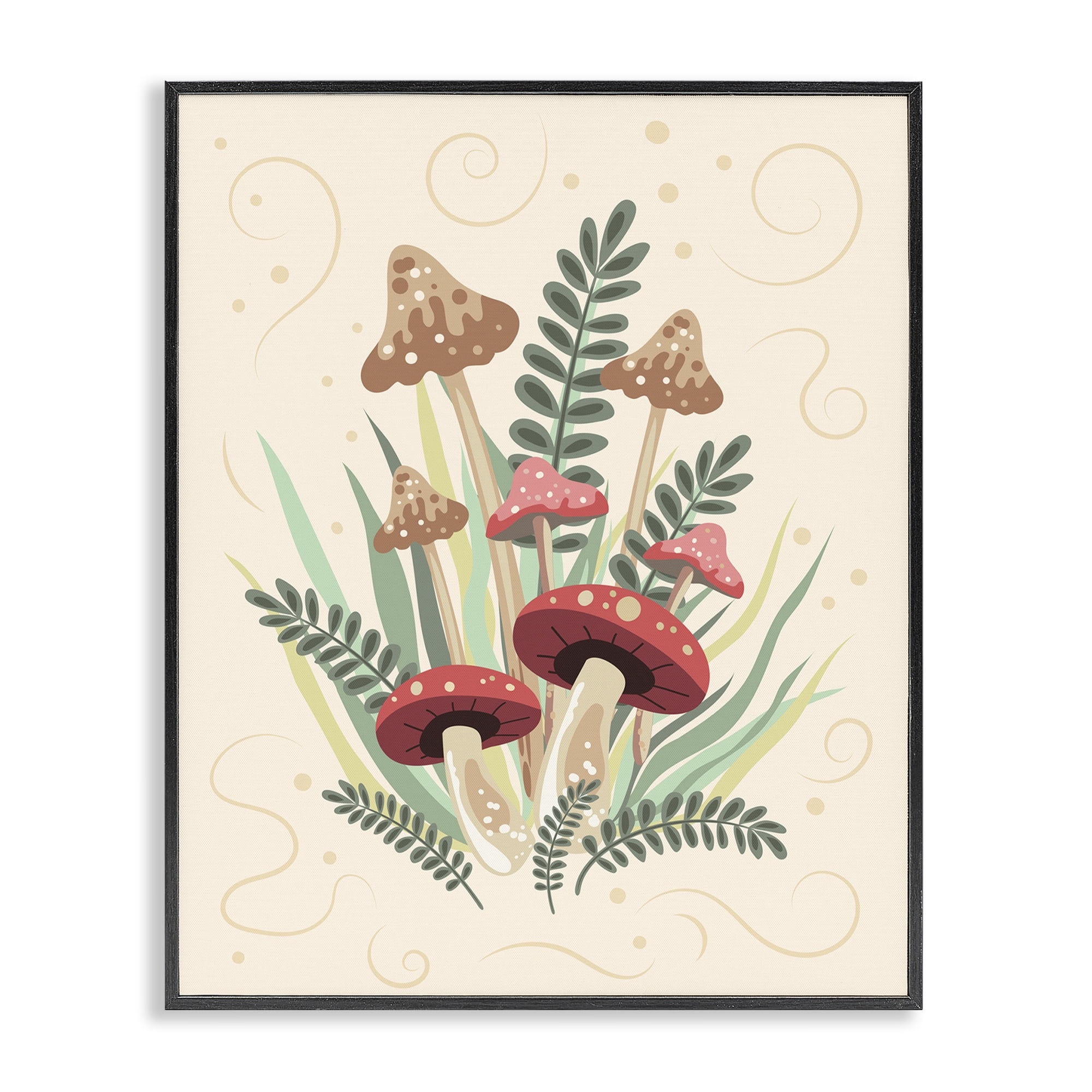 Stupell Industries Mushrooms & Swirl Pattern Botanical & Floral Painting Black Framed Art Print Wall Art, 16 x 20