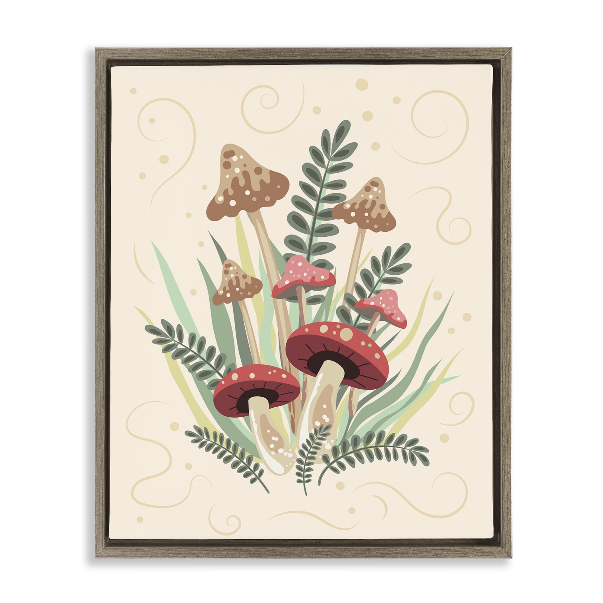Stupell Industries Mushrooms & Swirl Pattern Botanical & Floral Painting Brown Floater Framed Art Print Wall Art, 17 x 21