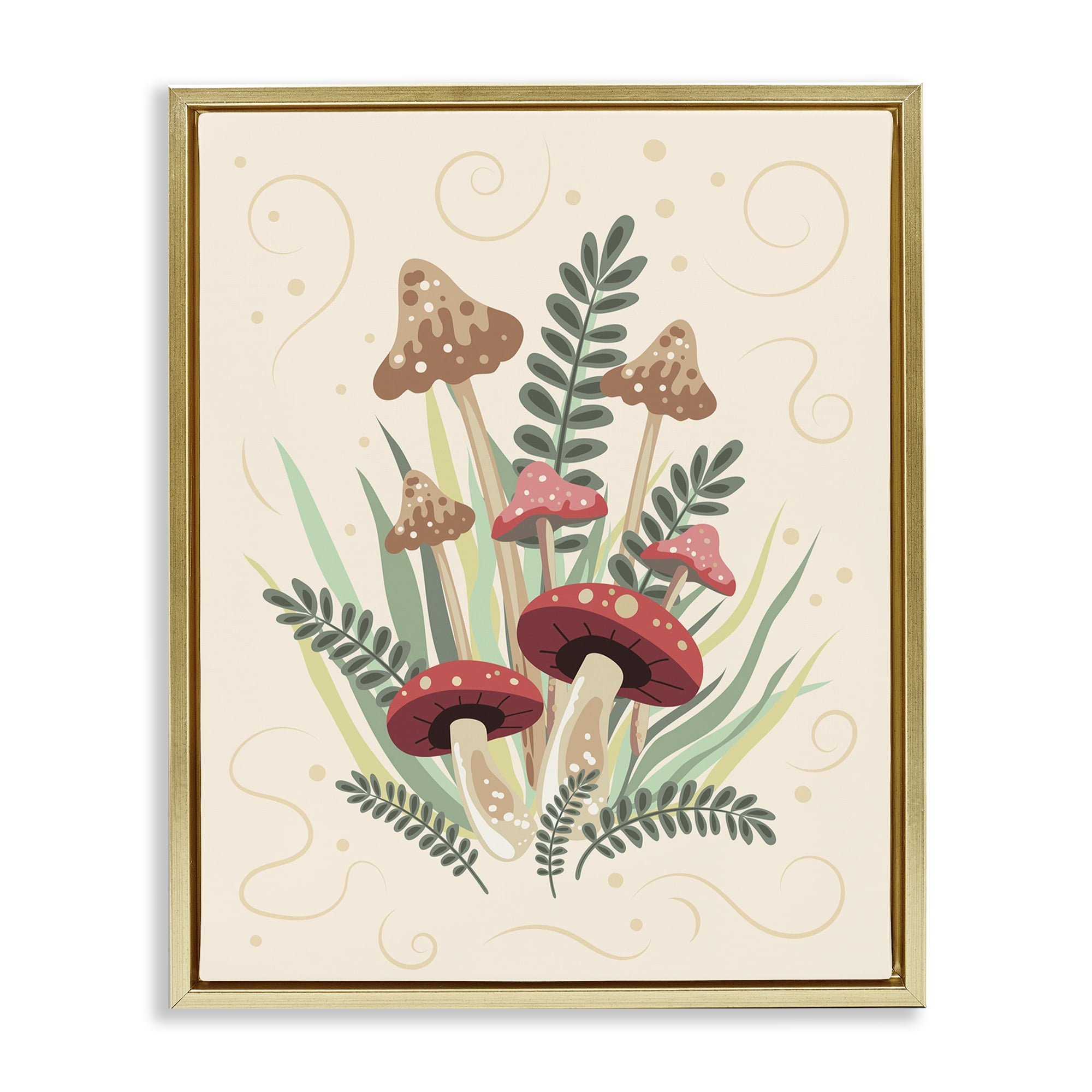 Stupell Industries Mushrooms & Swirl Pattern Botanical & Floral Painting Gold Floater Framed Art Print Wall Art, 25 x 31