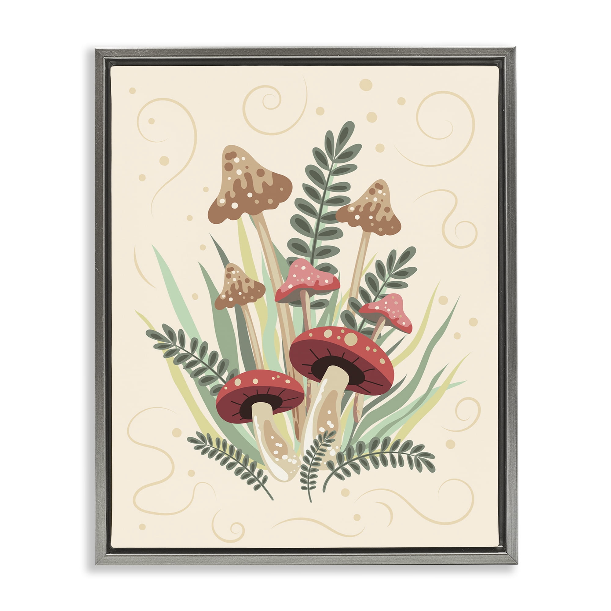 Stupell Industries Mushrooms & Swirl Pattern Botanical & Floral Painting Gray Floater Framed Art Print Wall Art, 17 x 21