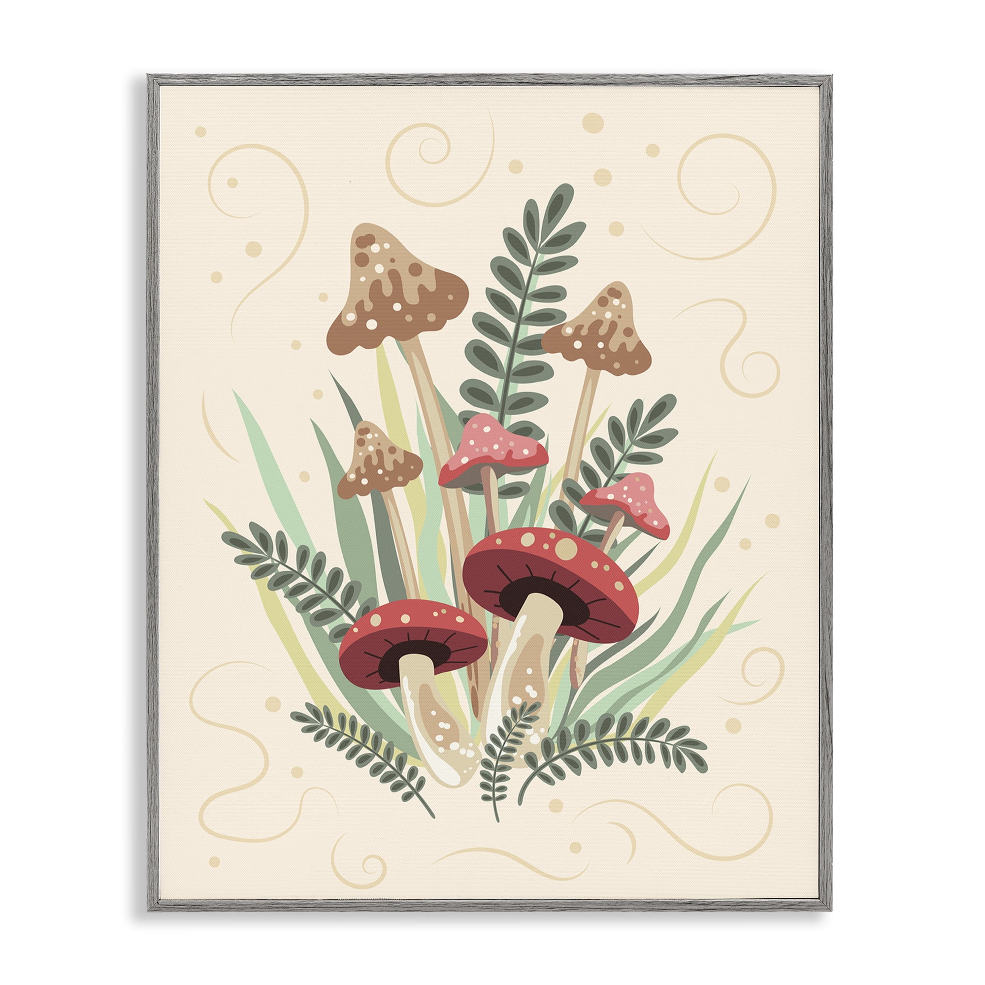 Stupell Industries Mushrooms & Swirl Pattern Botanical & Floral Painting Gray Framed Art Print Wall Art, 11 x 14