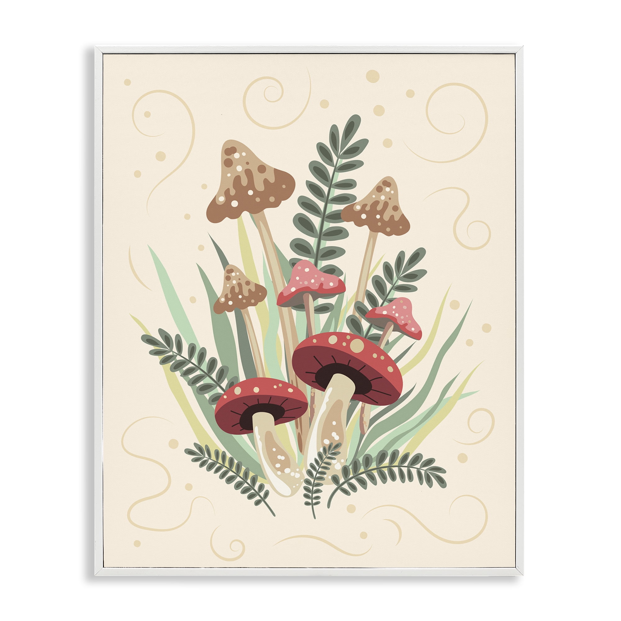 Stupell Industries Mushrooms & Swirl Pattern Botanical & Floral Painting White Framed Art Print Wall Art, 24 x 30