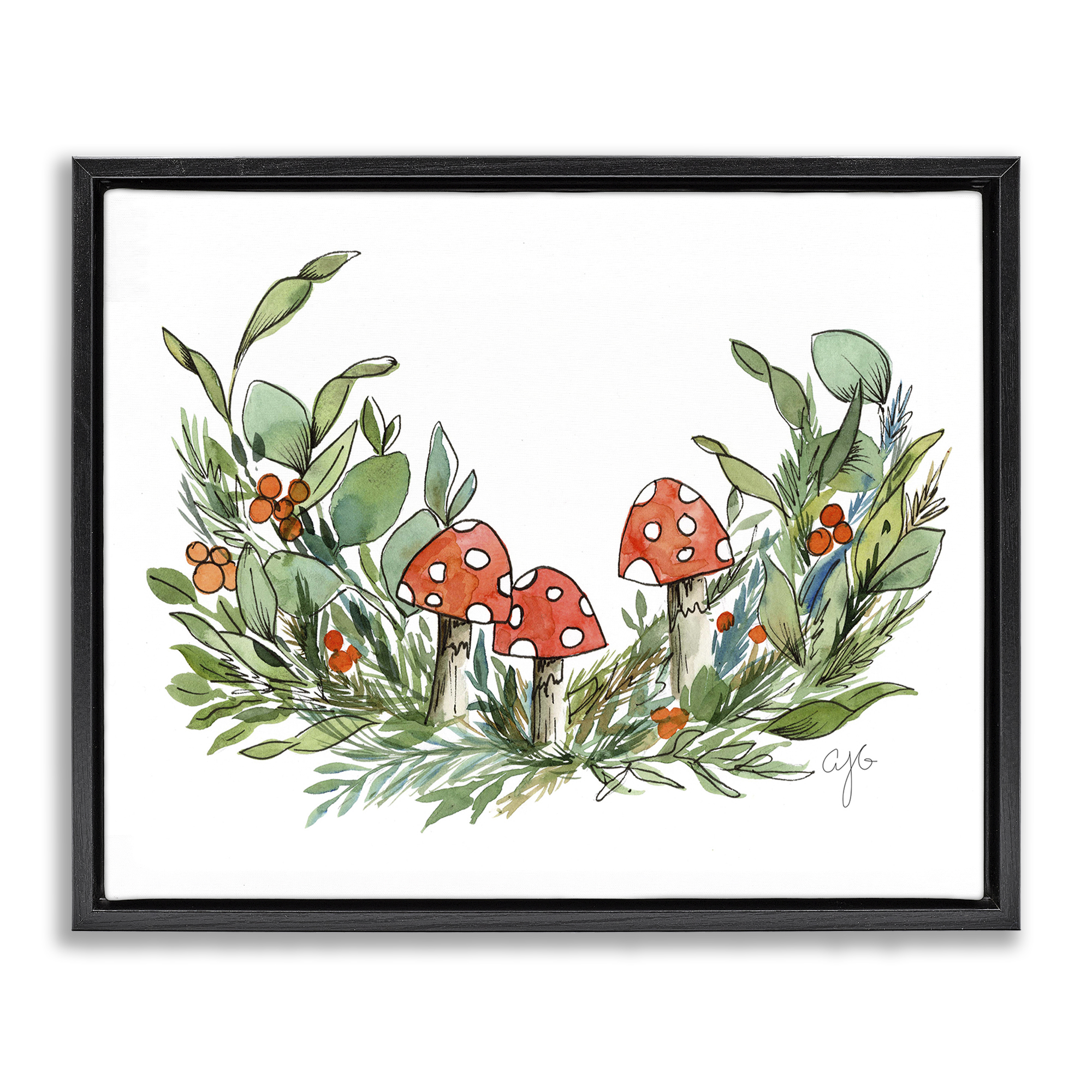 Stupell Industries Mushrooms and Greens Plants & Flowers Painting Black Floater Framed Canvas Art Print Wall Art, 31 x 25