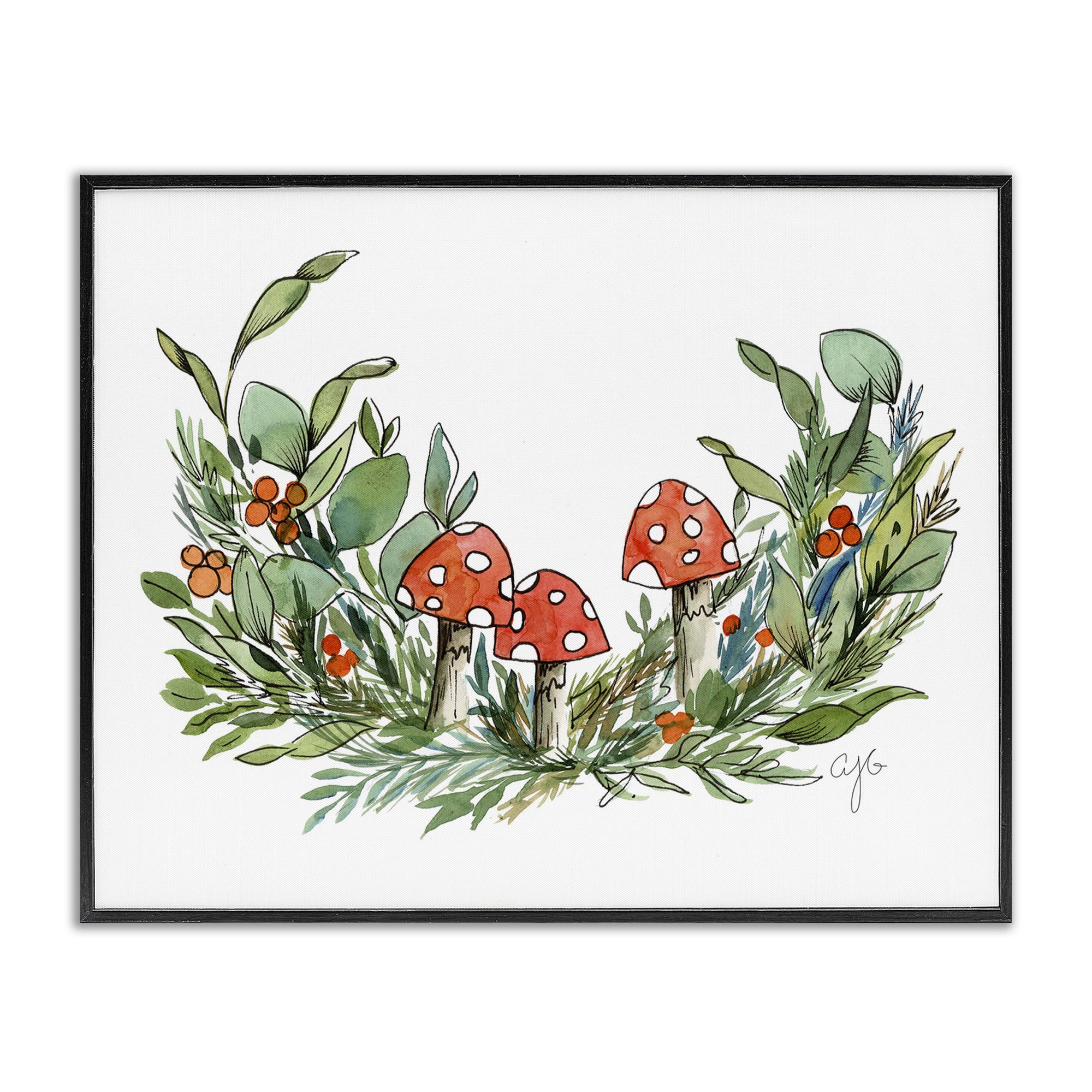 Stupell Industries Mushrooms and Greens Plants & Flowers Painting Black Framed Art Print Wall Art, 30 x 24