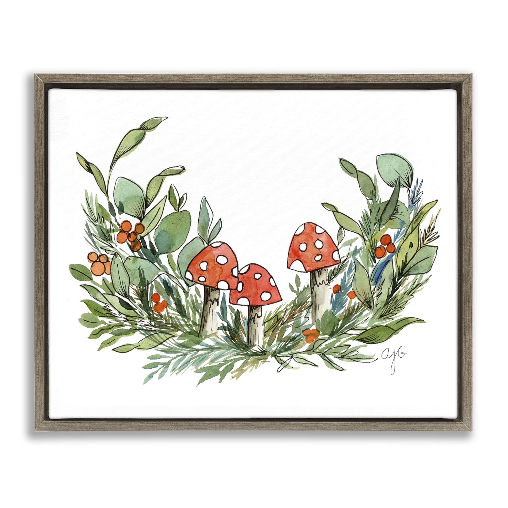 Stupell Industries Mushrooms and Greens Plants & Flowers Painting Brown Floater Framed Canvas Art Print Wall Art, 31 x 25