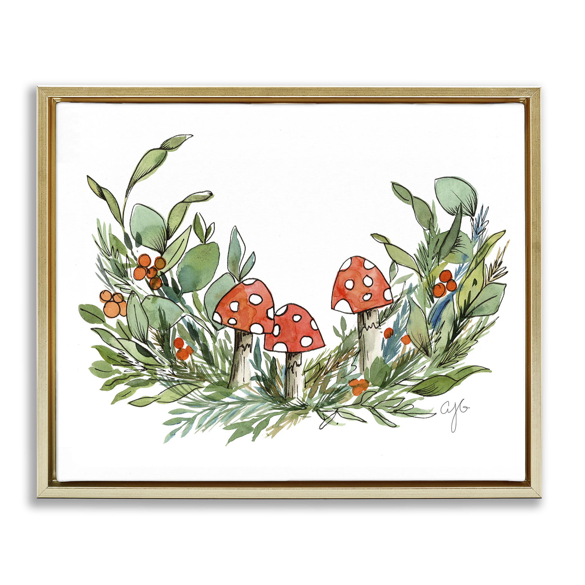 Stupell Industries Mushrooms and Greens Plants & Flowers Painting Gold Floater Framed Canvas Art Print Wall Art, 21 x 17