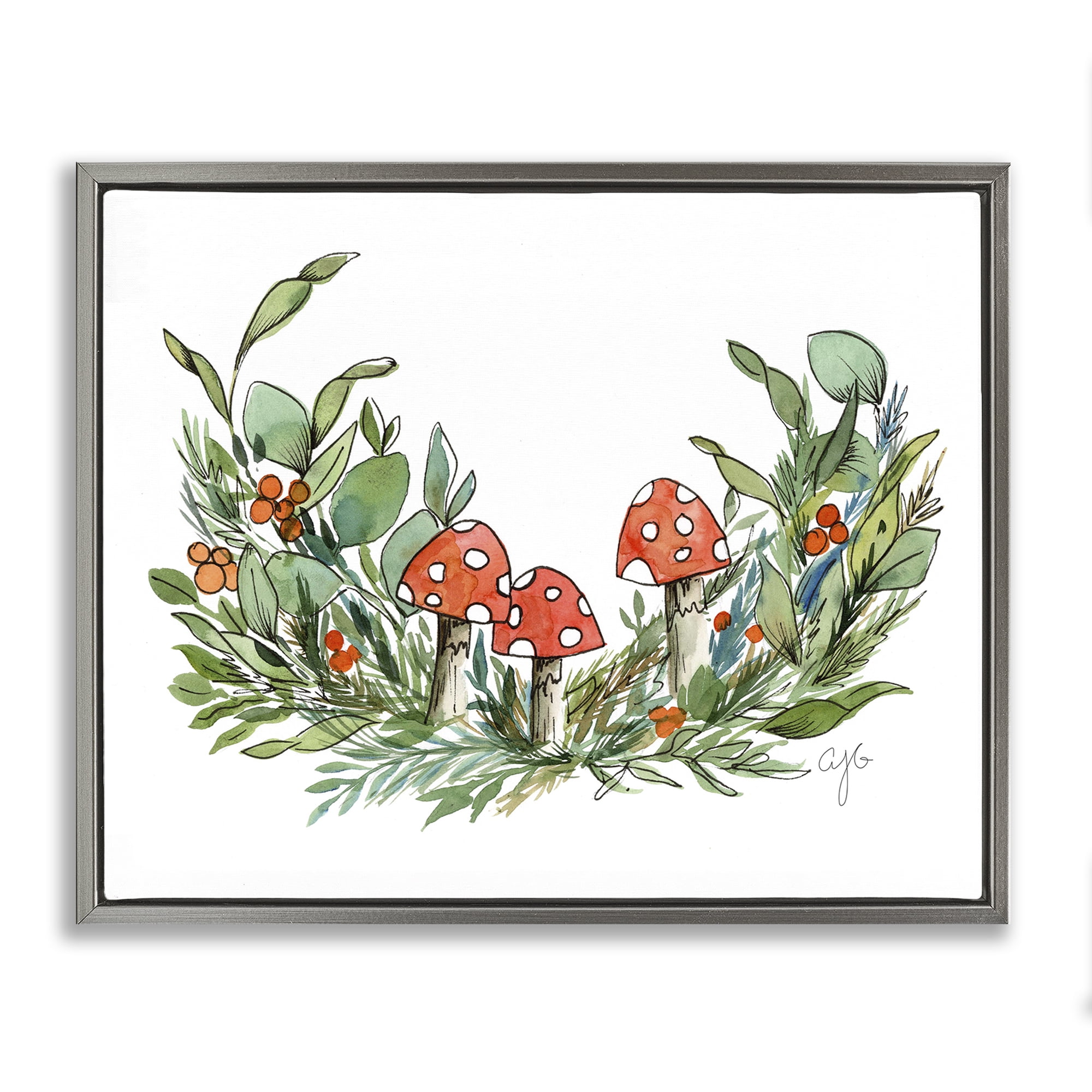 Stupell Industries Mushrooms and Greens Plants & Flowers Painting Gray Floater Framed Canvas Art Print Wall Art, 31 x 25