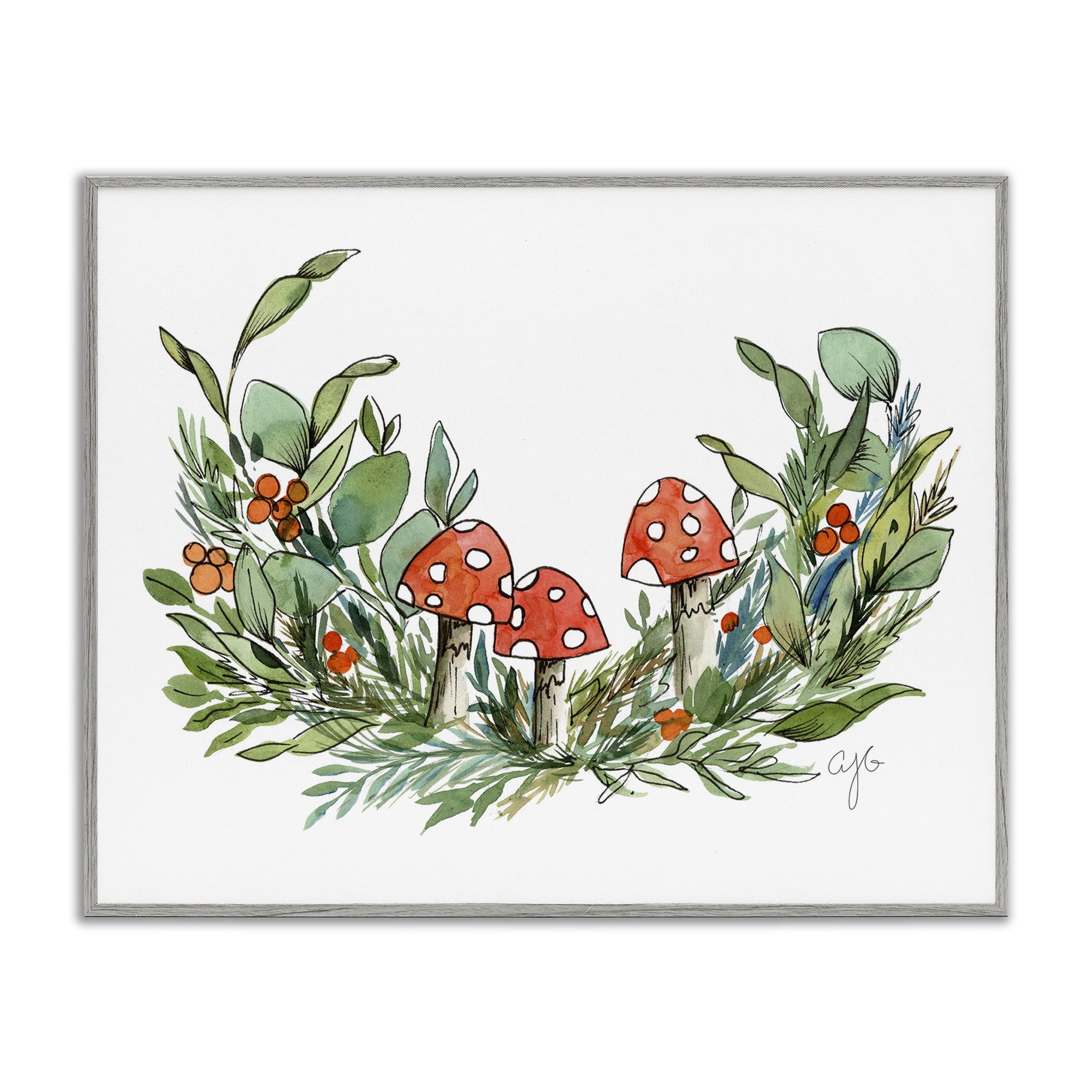 Stupell Industries Mushrooms and Greens Plants & Flowers Painting Gray Framed Art Print Wall Art, 14 x 11